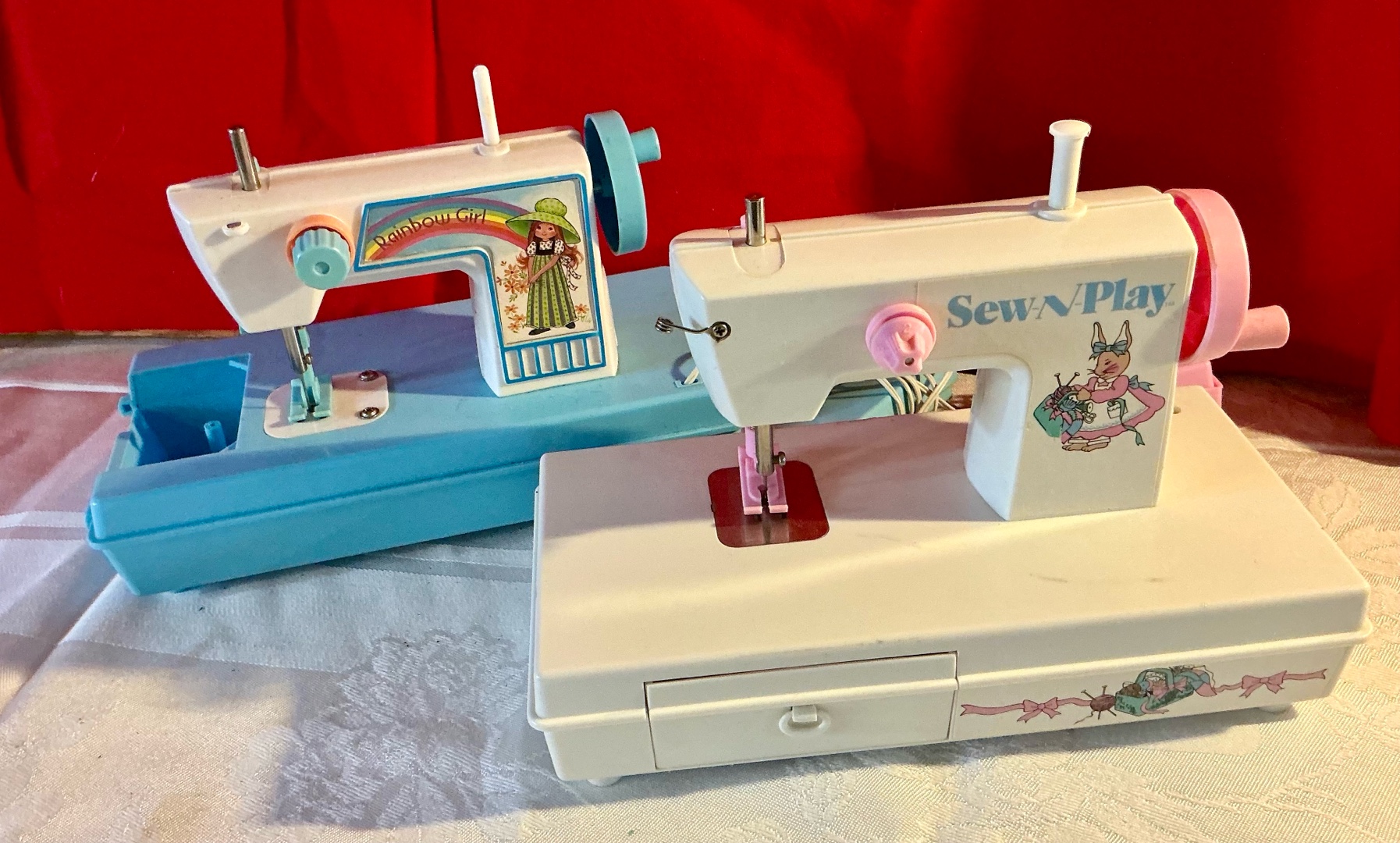 Pair of vintage plastic toy sewing machines Sew-N-Play, Rainbow girl