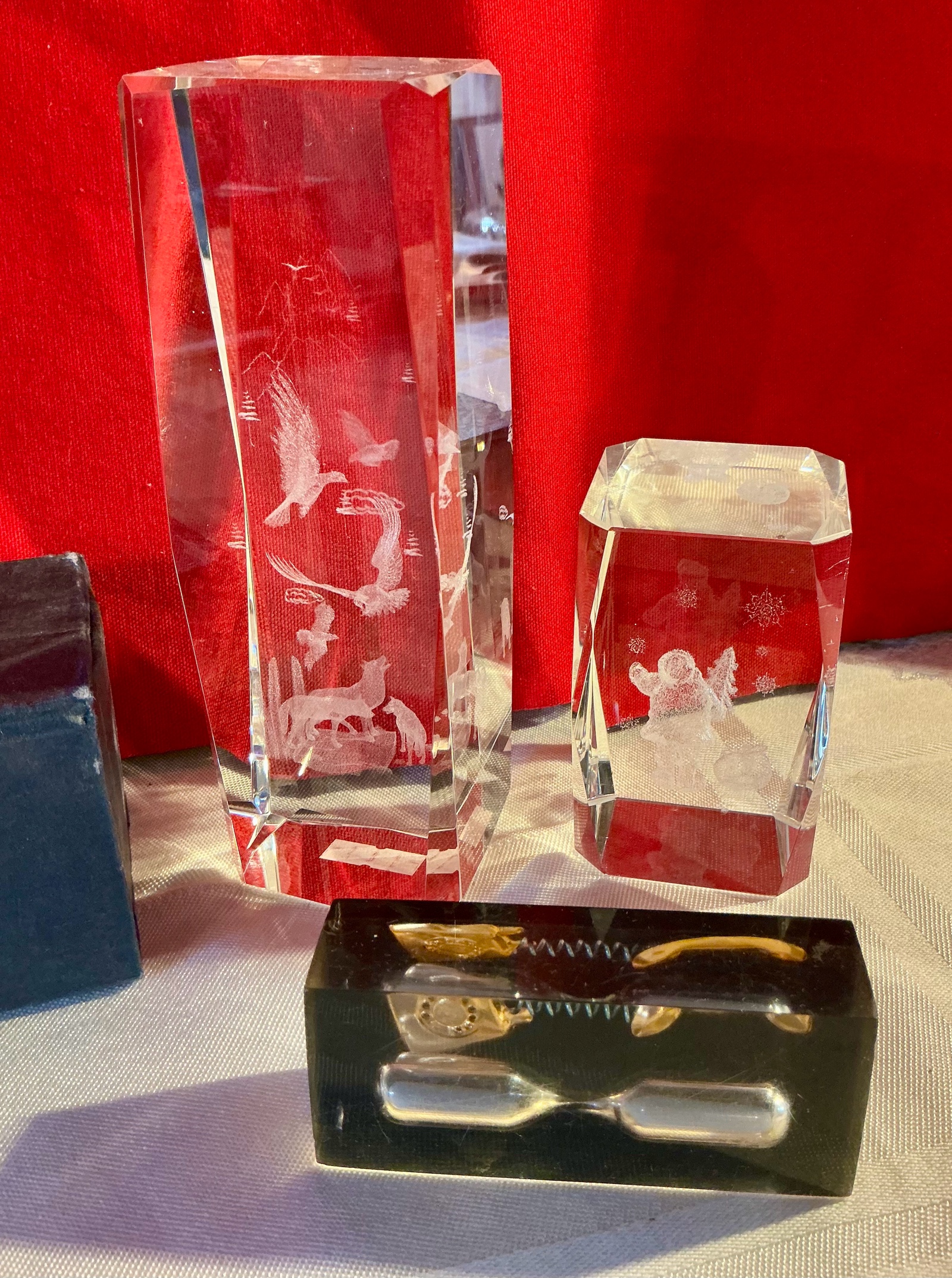 Group of 3D Etched Birds and Christmas scene paperweights