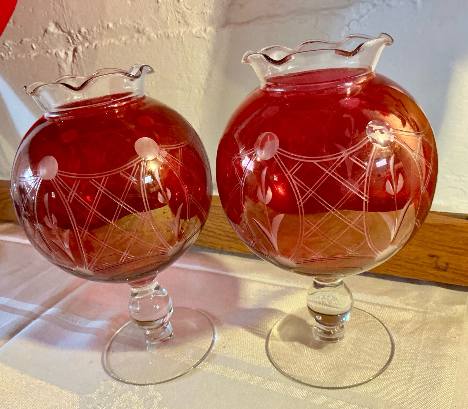 2 vintage cranberry etched glass pedestal rose bowl with scalloped rim