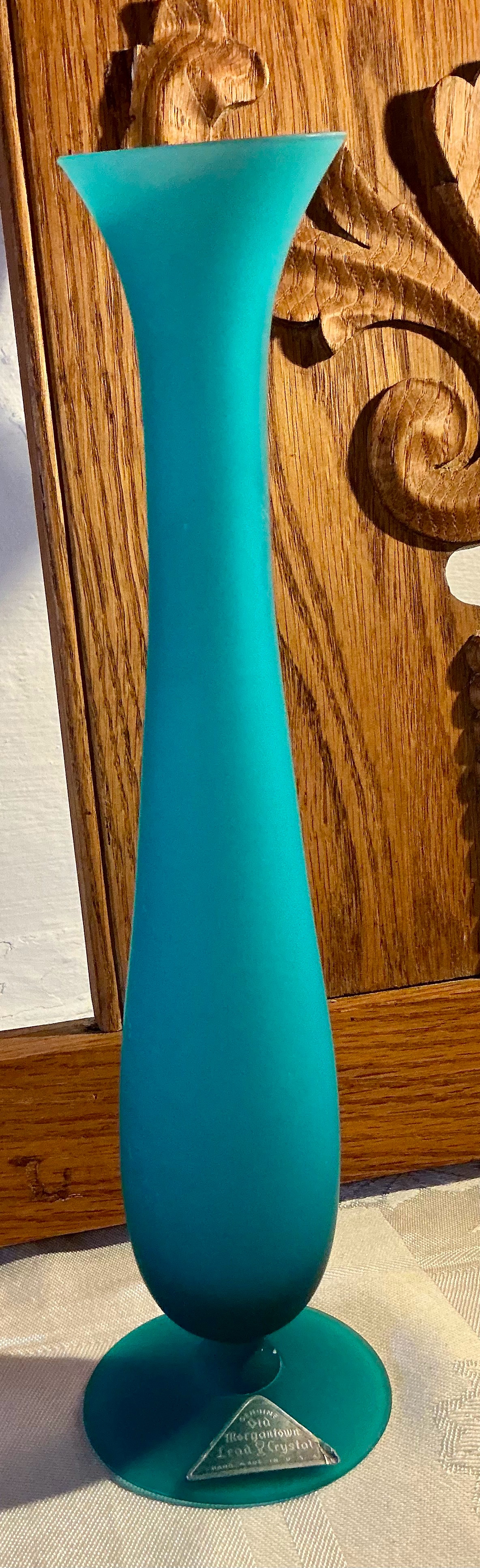 Frosted blue art glass flower vase lead crystal Morgantown