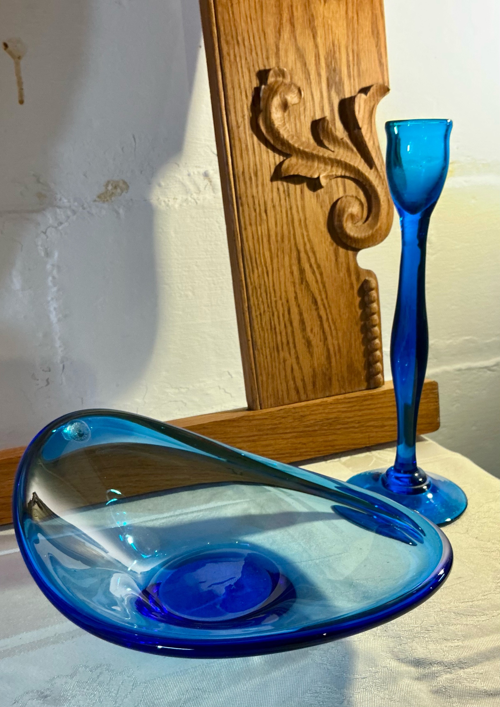 Blue art glass compote and candlestick holder Danish