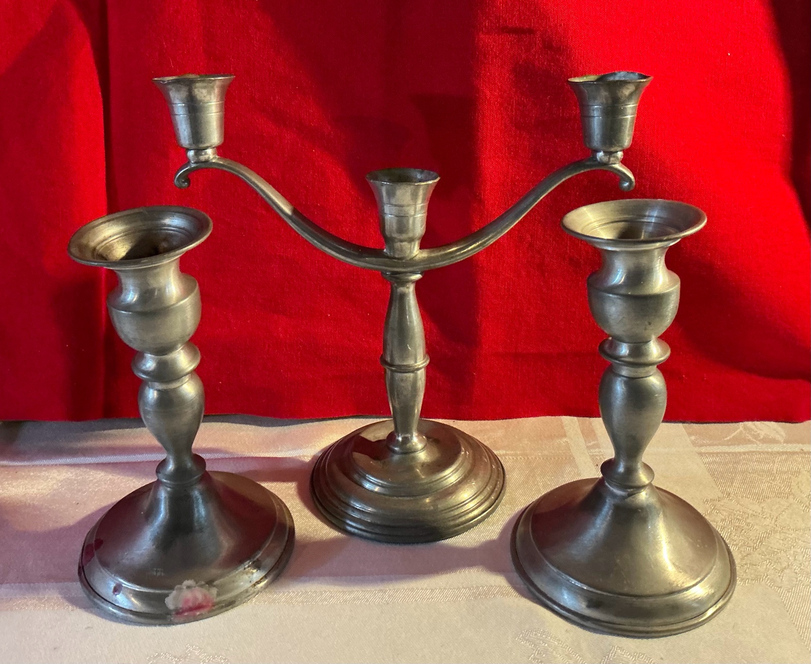 3 weighted pewter candlestick holders by leonard