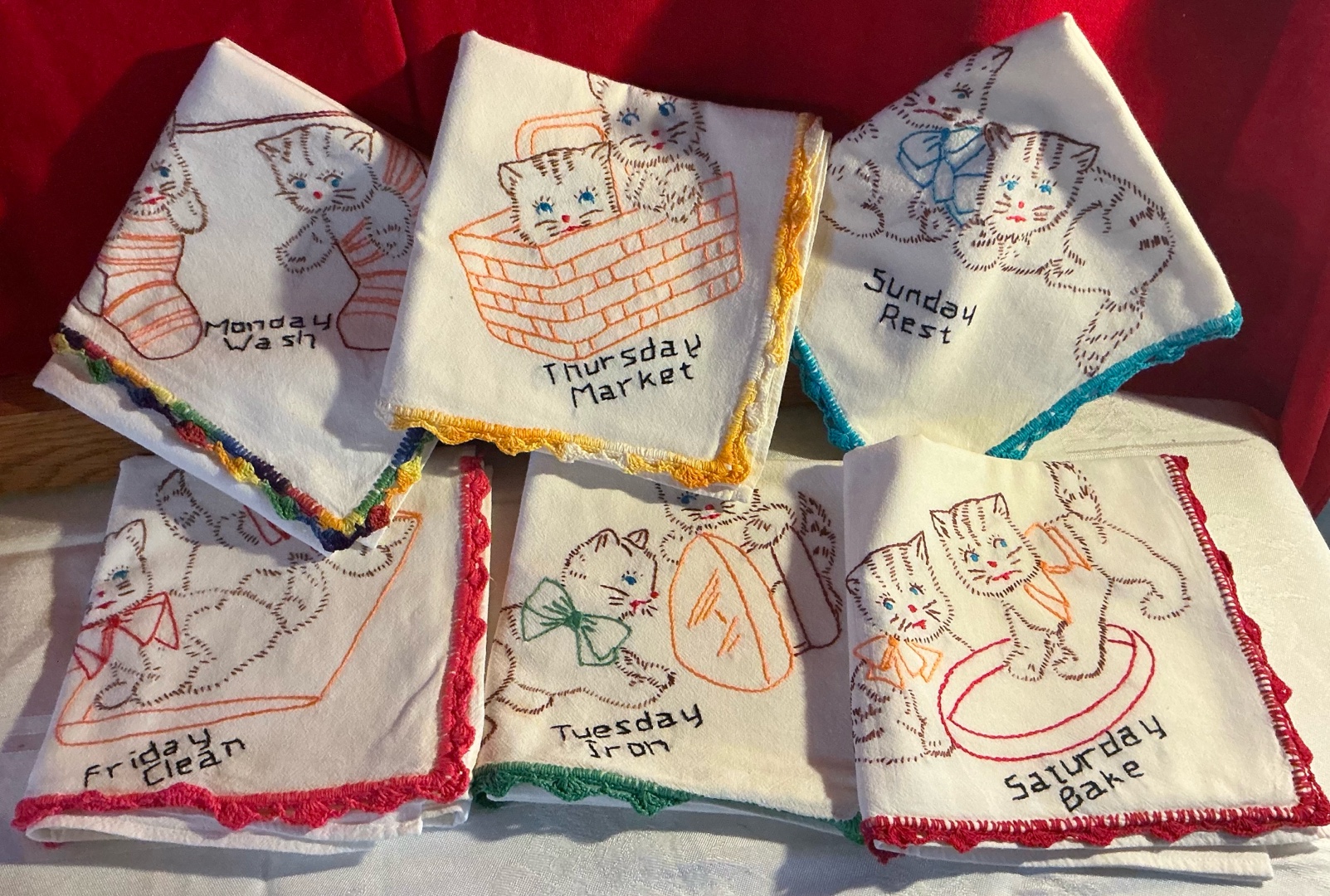 Group of 6 handmade flour sack embroidered days of the week kitten kitchen towels
