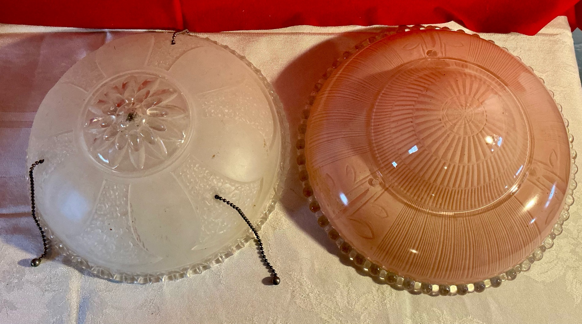 2 vintage glass ceiling lamp shades, pink & frosted