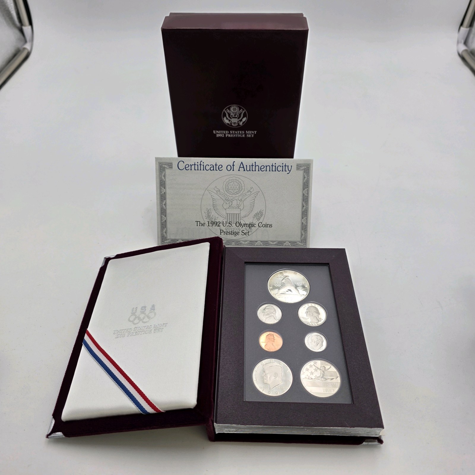 1992 U.S. Olympic Prestige Proof Set w 90% Silver Dollar & COA  U.S. Mint 7 Coin Collector Set