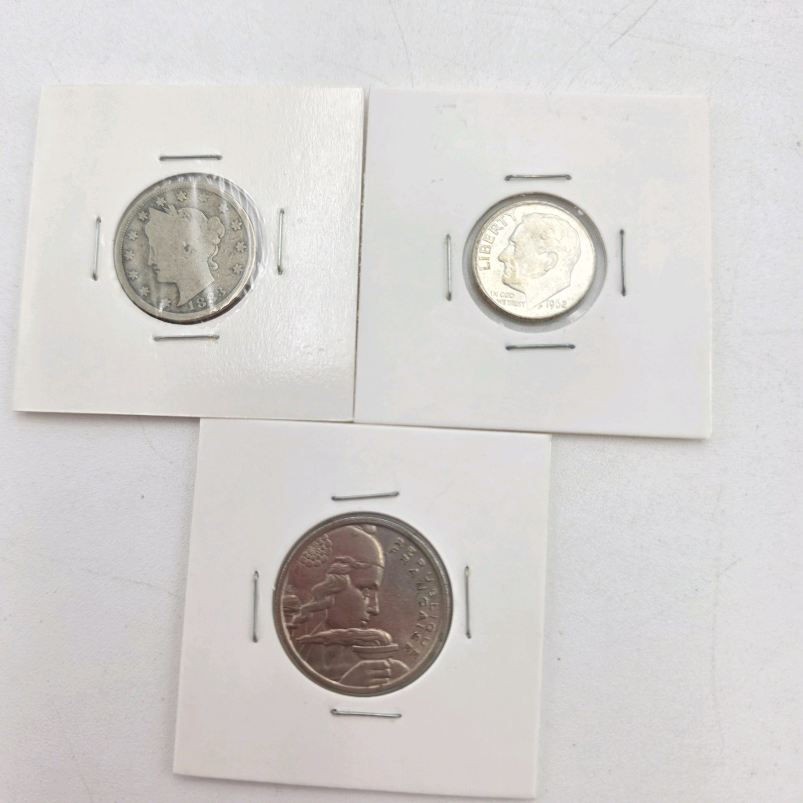 1883 Liberty V Nickel, 1952 90% Silver Roosevelt Dime & 1955 France 100 Francs Coin Lot