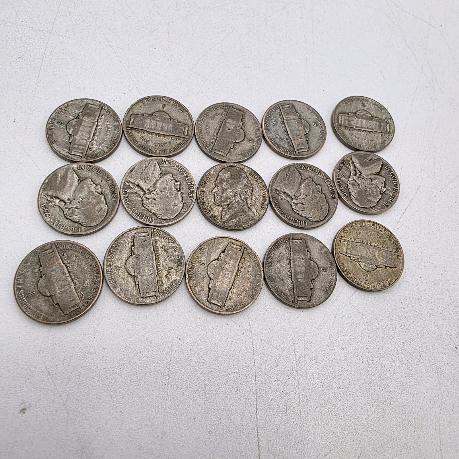 15 WWII Jefferson War Nickels  35% Silver  Mixed 1943-1945 PDS Lot  Approx. 0.844 Troy Oz Silver