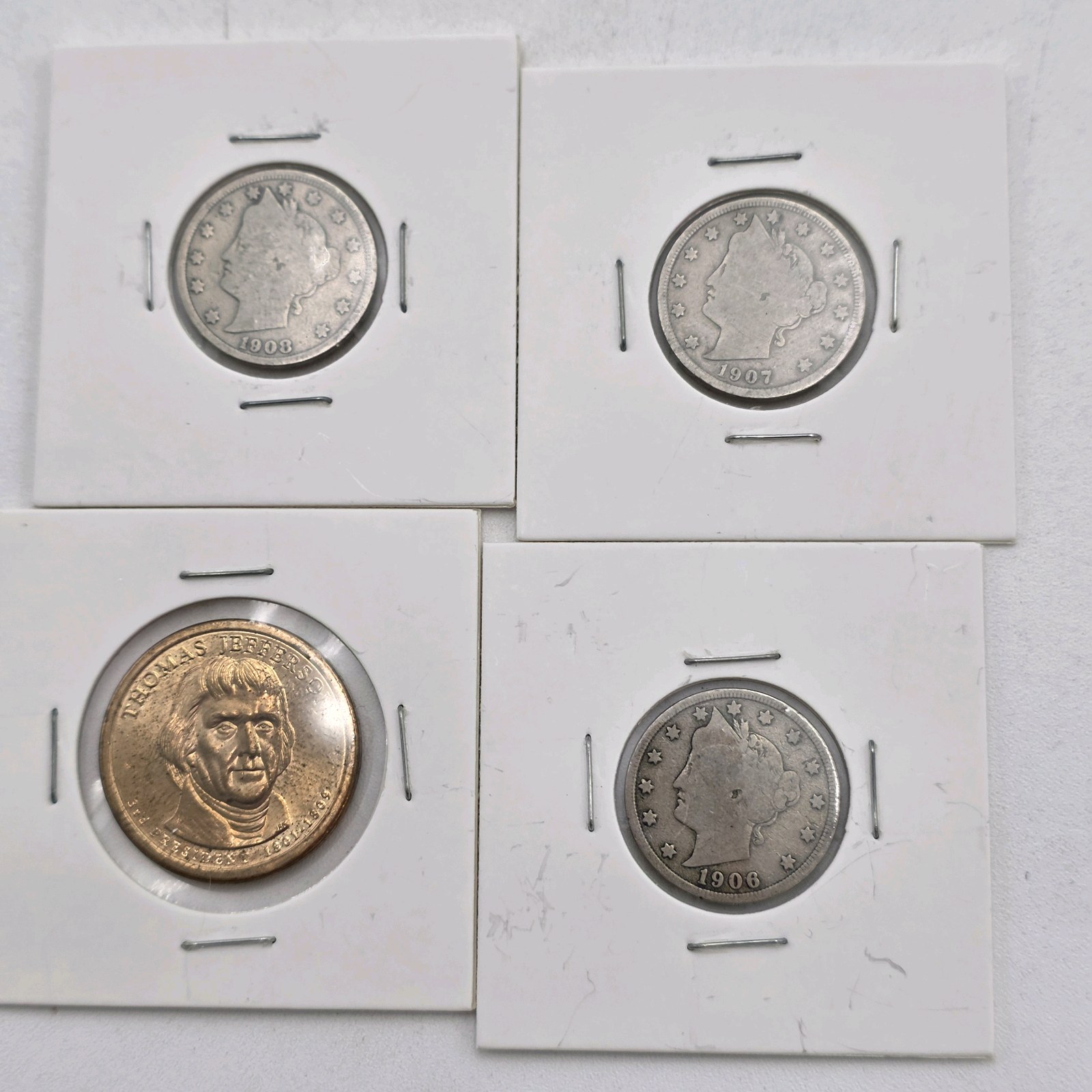 1906, 1907 & 1908 Liberty V Nickels With Thomas Jefferson Presidential Dollar Coin