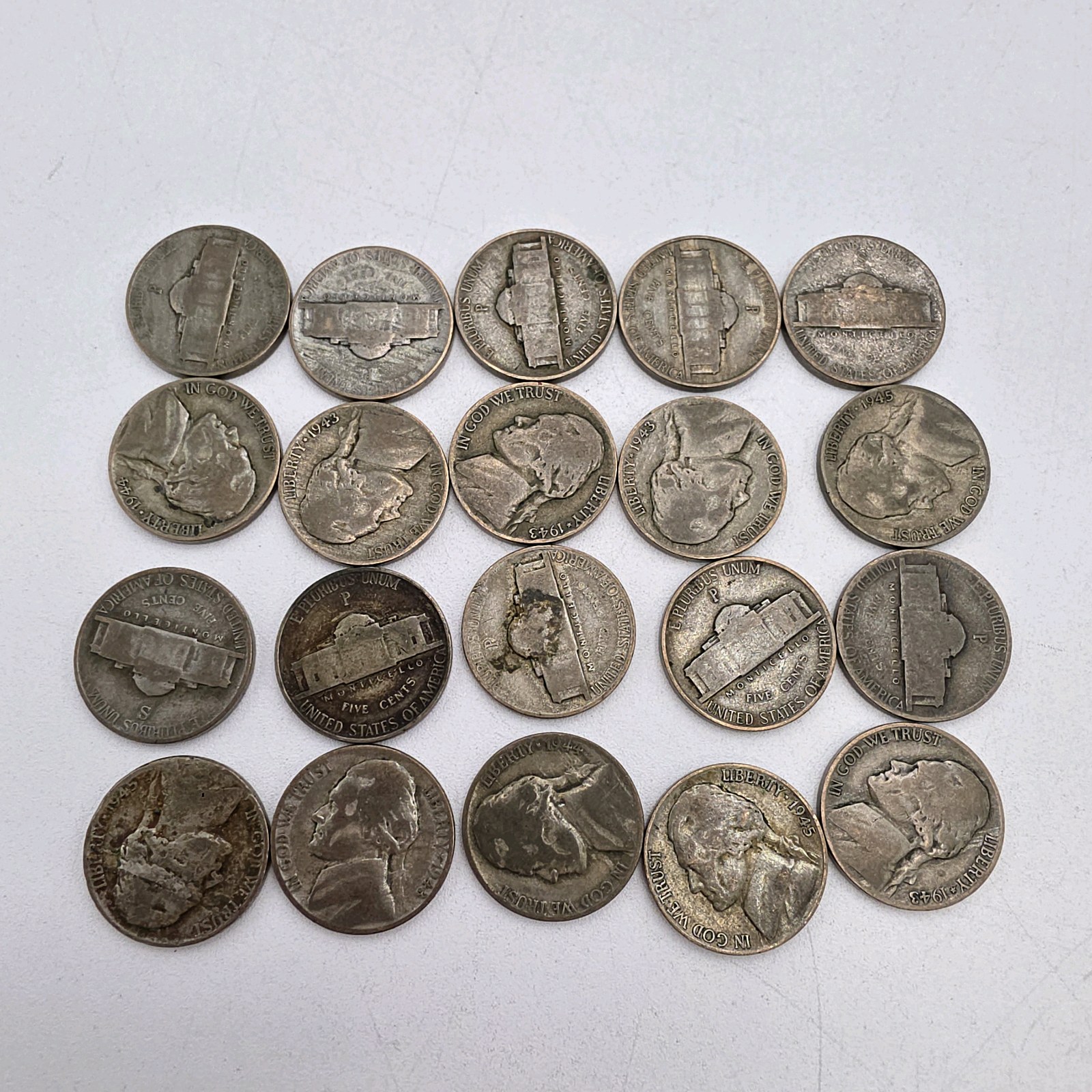 20 WWII Jefferson War Nickels  35% Silver  Mixed 1943-1945 PDS Lot  Approx. 1.125 Troy Oz Silver
