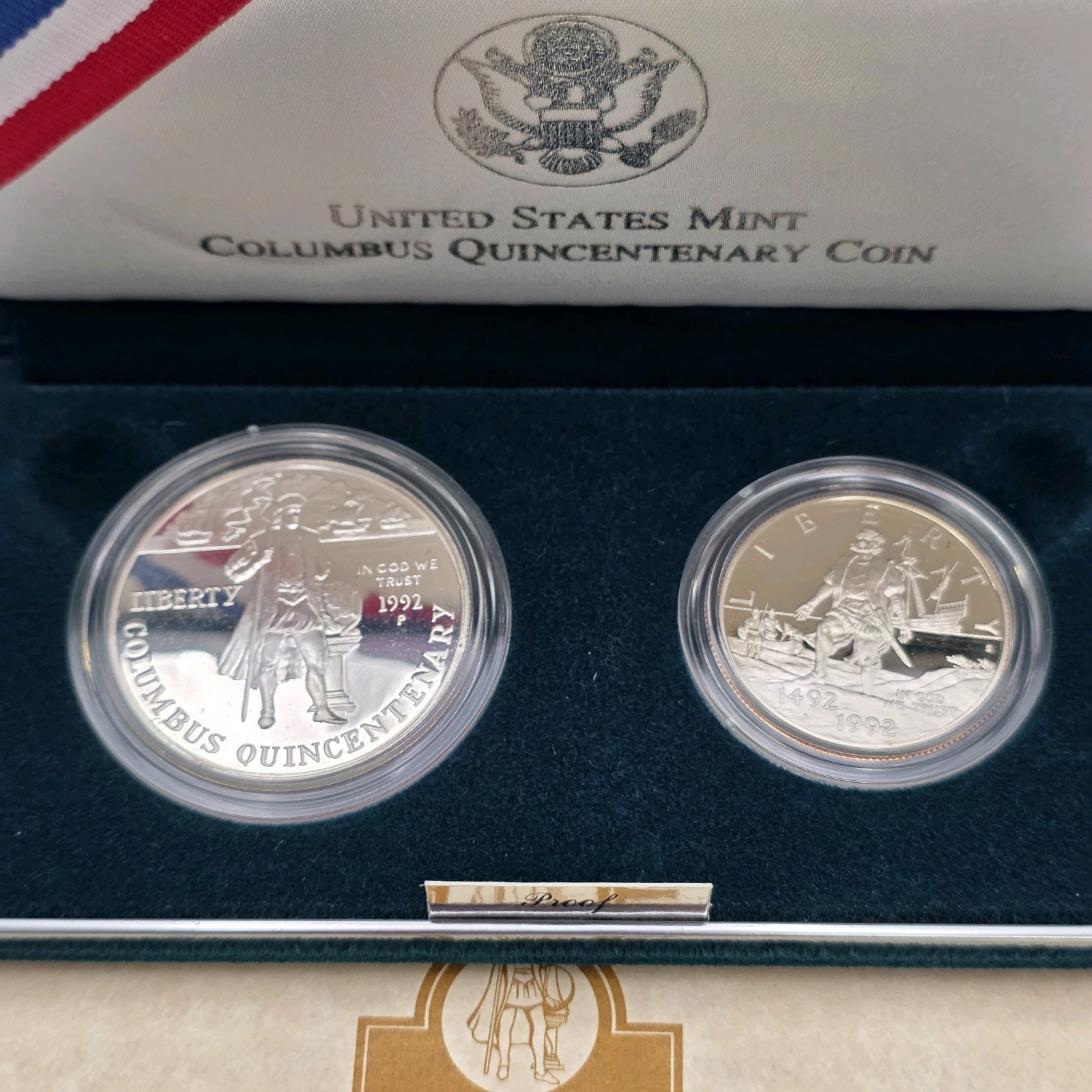 1992 Columbus Quincentenary Proof Set  90% Silver Dollar w .76 Troy Oz Silver  Half Dollar, COA & U.S. Mint Case