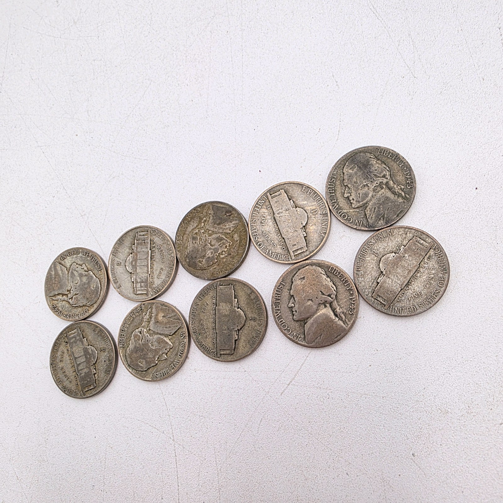 10 WWII Jefferson War Nickels  35% Silver  Mixed 1943-1945 PDS Lot  Approx. 0.563 Troy Oz Silver