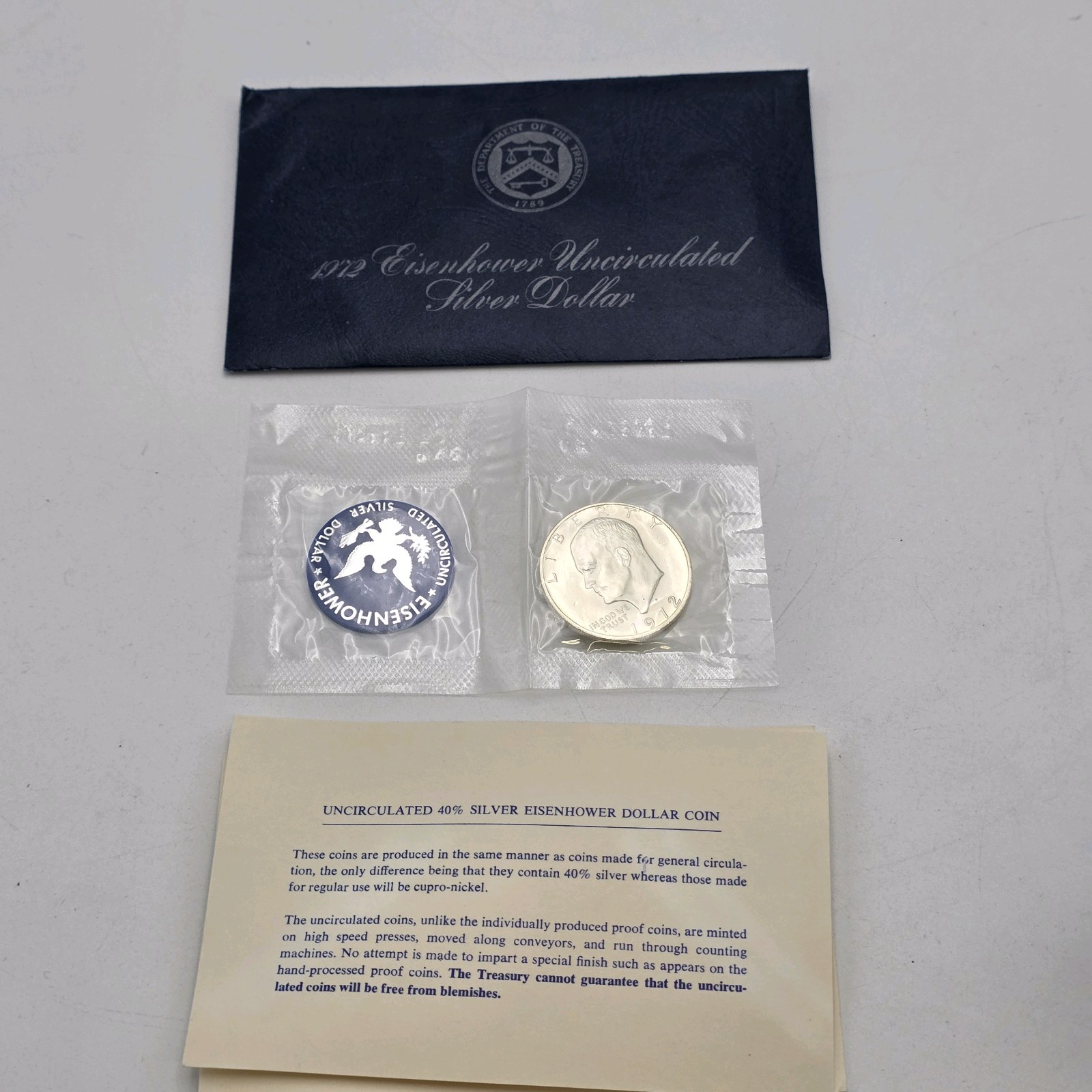 1972 Eisenhower Uncirculated Silver Dollar  40% Silver  .3161 Troy Oz Silver  Original Blue Pac