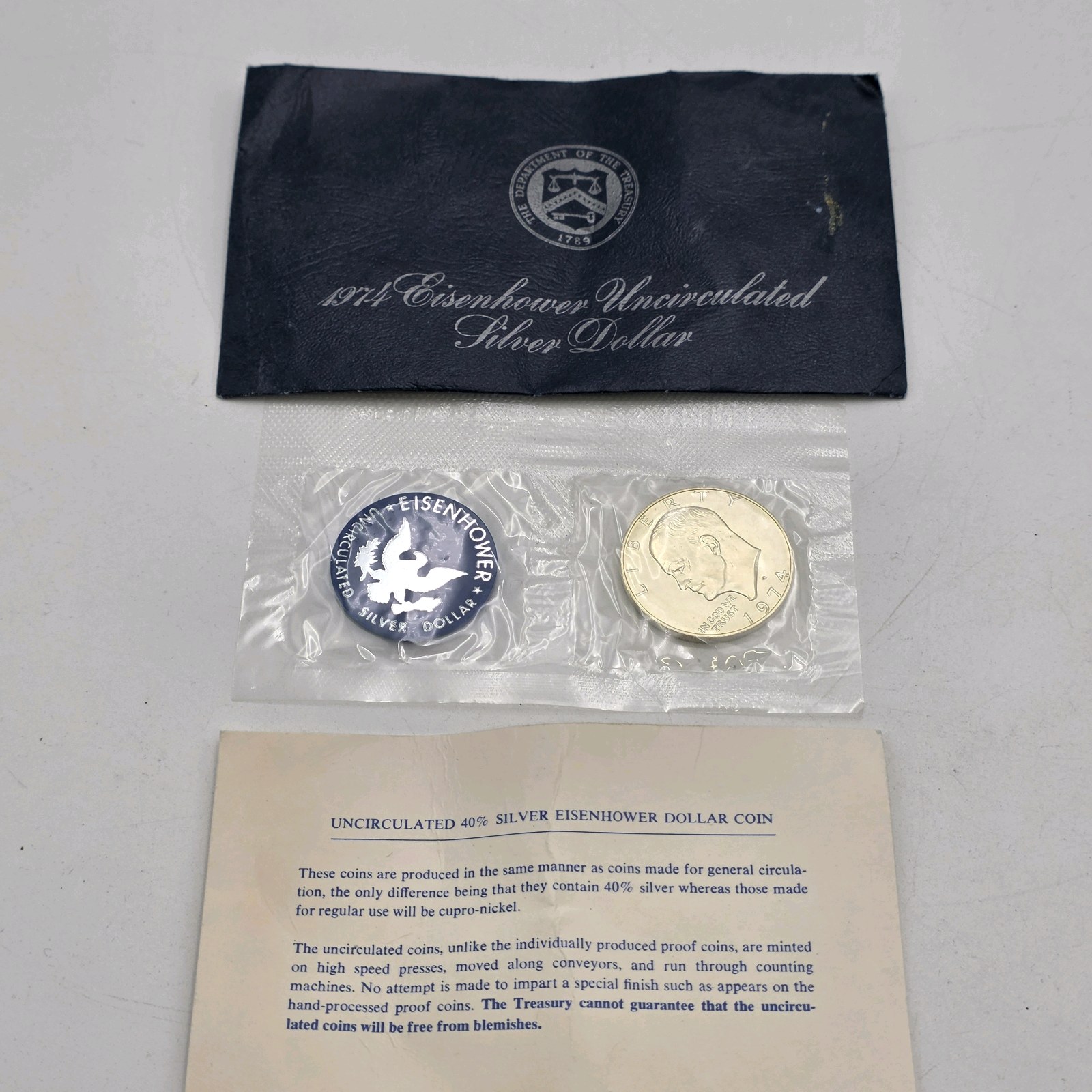 1974 Eisenhower Uncirculated Silver Dollar  40% Silver  .3161 Troy Oz Silver  Original Blue Pack
