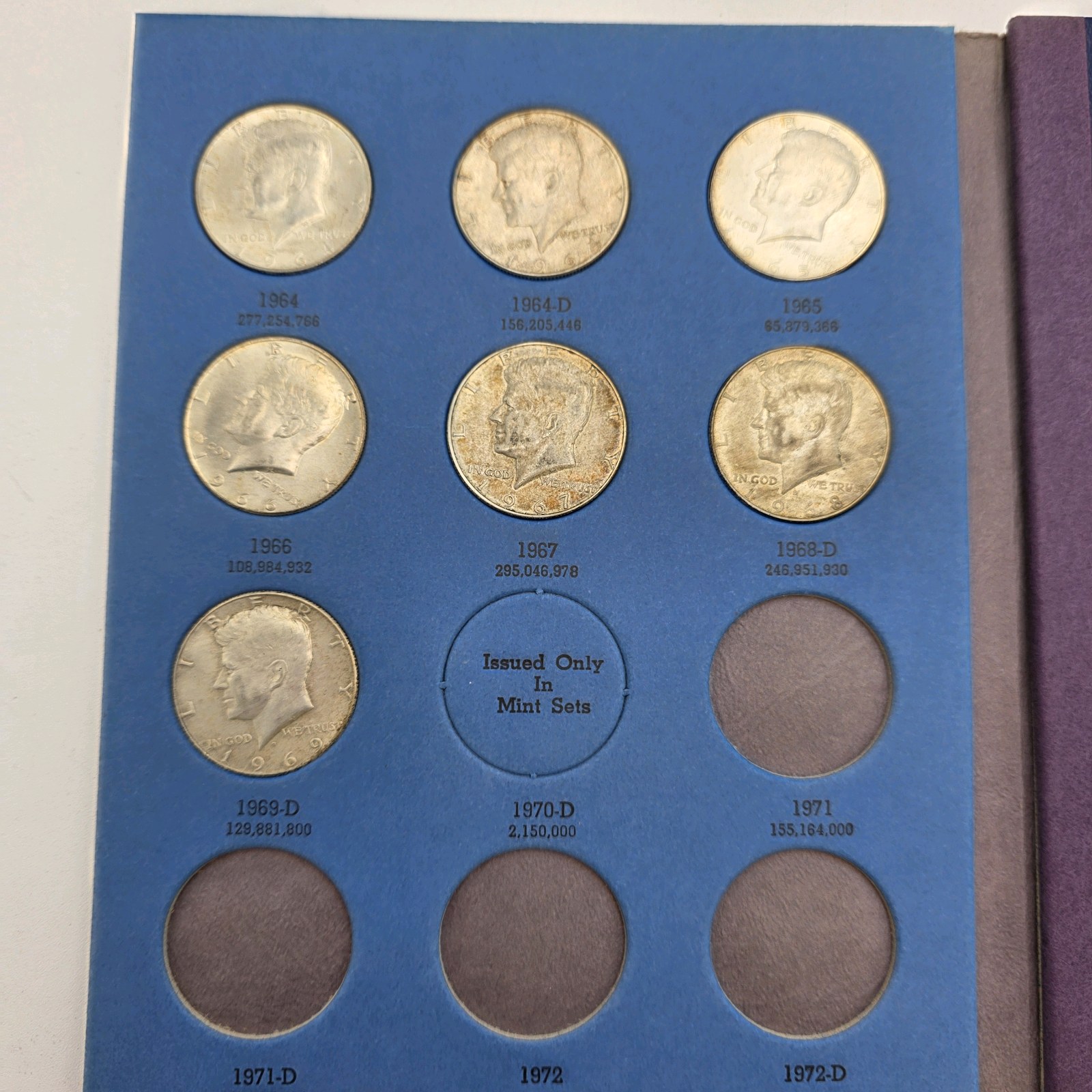 Whitman Kennedy Half Dollar Album w 7 Silver Halves  1964-1969  Approx. 1.46288 Troy Oz Silver