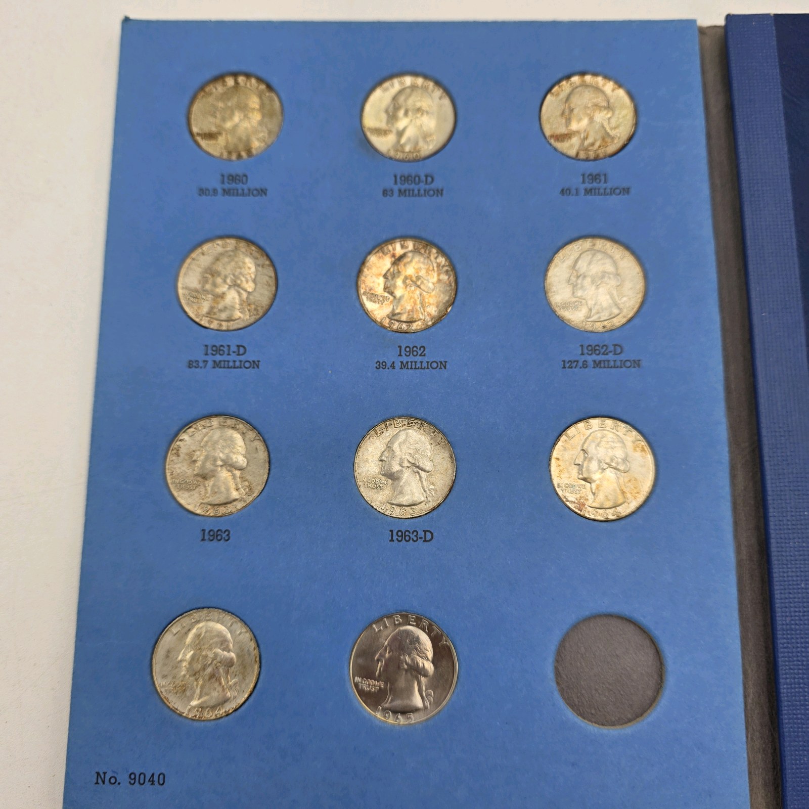 Washington Head Quarter Album Page w 9 Silver Quarters  1960-1964  Approx. 1.62756 Troy Oz Silver