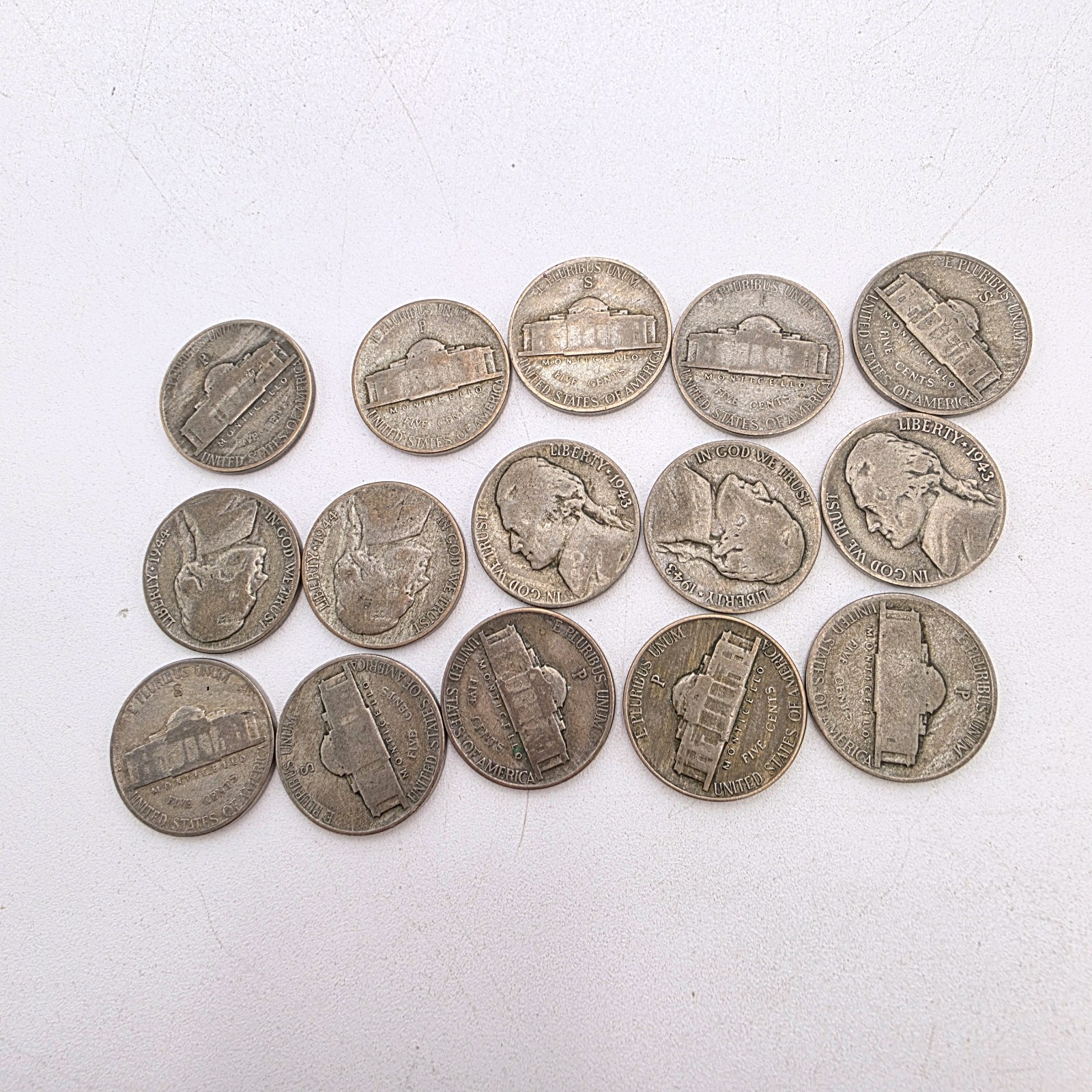 15 WWII Jefferson War Nickels  35% Silver  Mixed 1943-PDS Coin Lot  Approx. 0.84 Troy Oz Silver