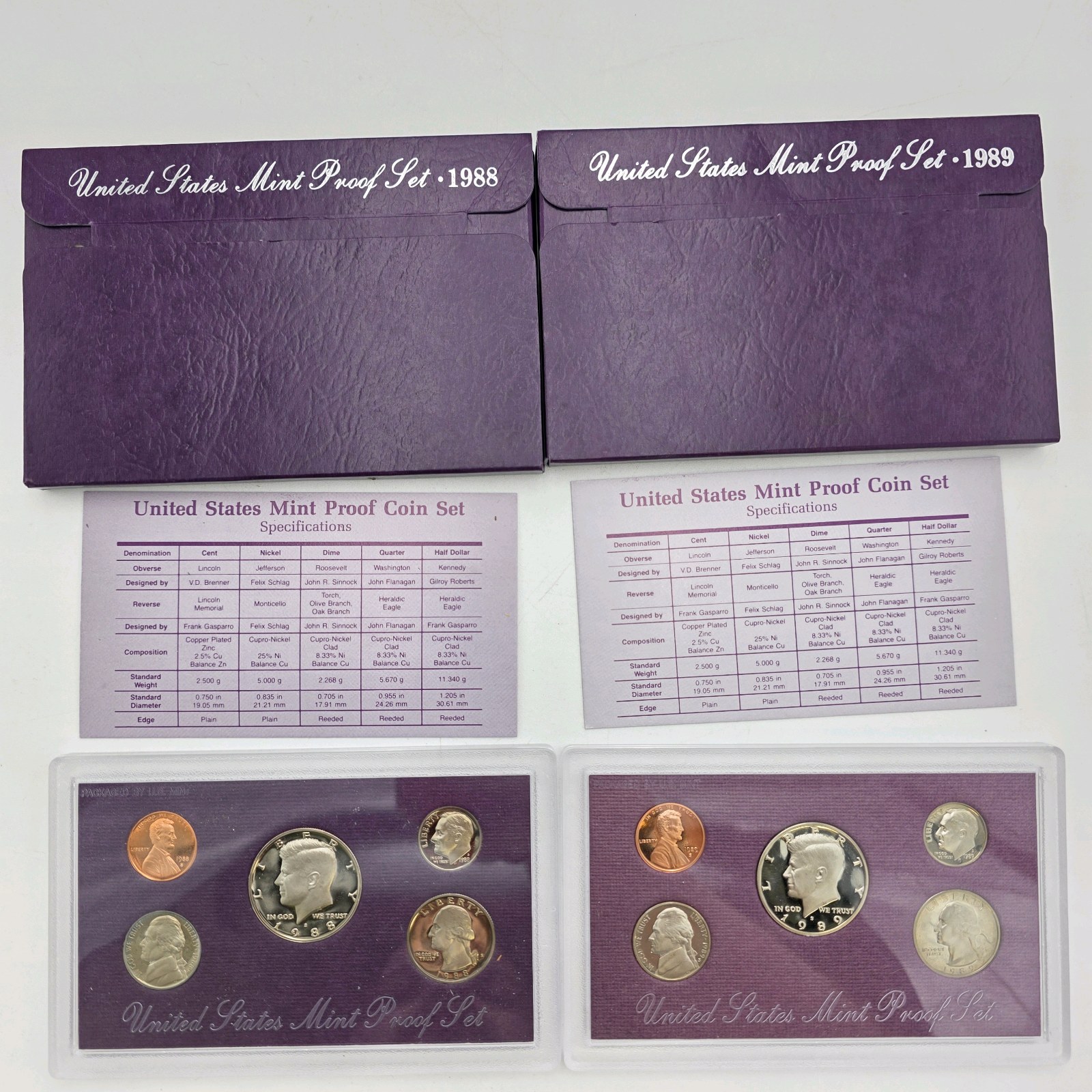 1988 & 1989 United States Mint Proof Sets  2 Complete 5-Coin U.S. Proof Sets With Boxes & COA Cards