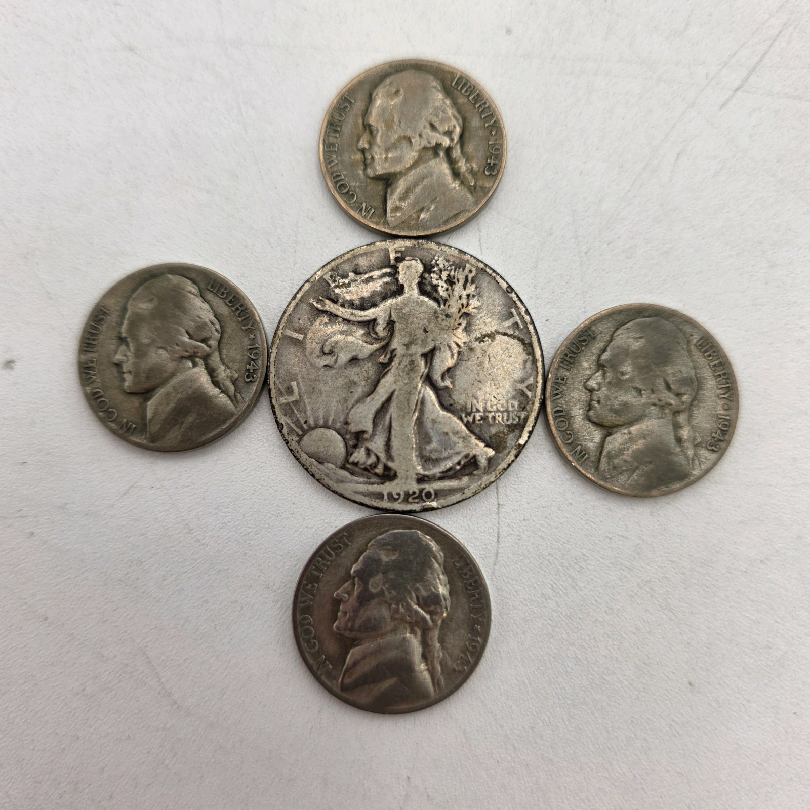 90% Silver Walking Liberty Half Dollar  4 Silver War Nickels  Old U.S. Silver Coin Lot