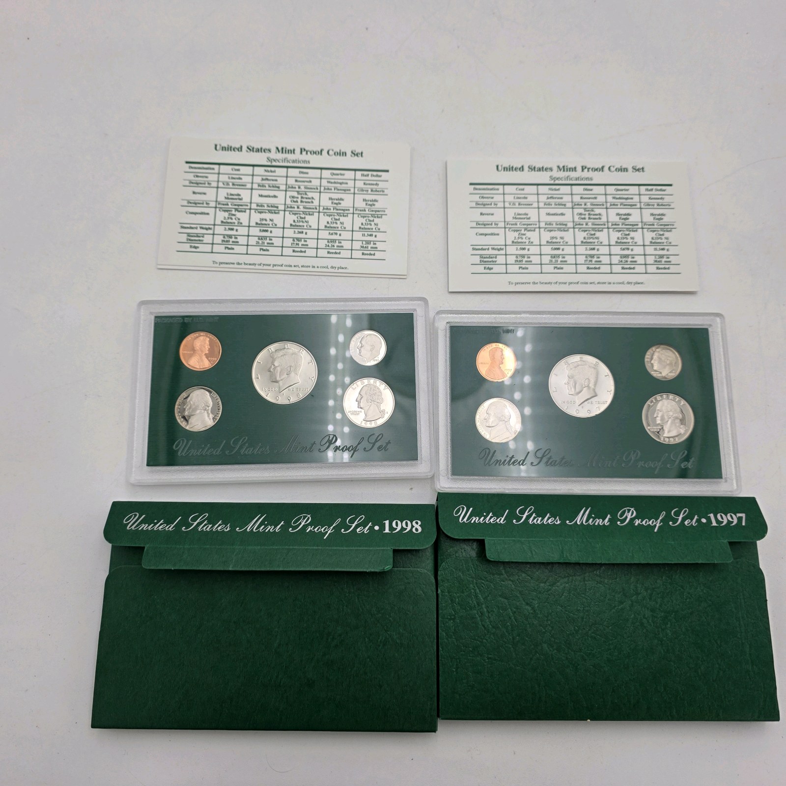 1997 & 1998 U.S. Mint Proof Sets  2 Set Lot With Original Green Holders & COA Cards