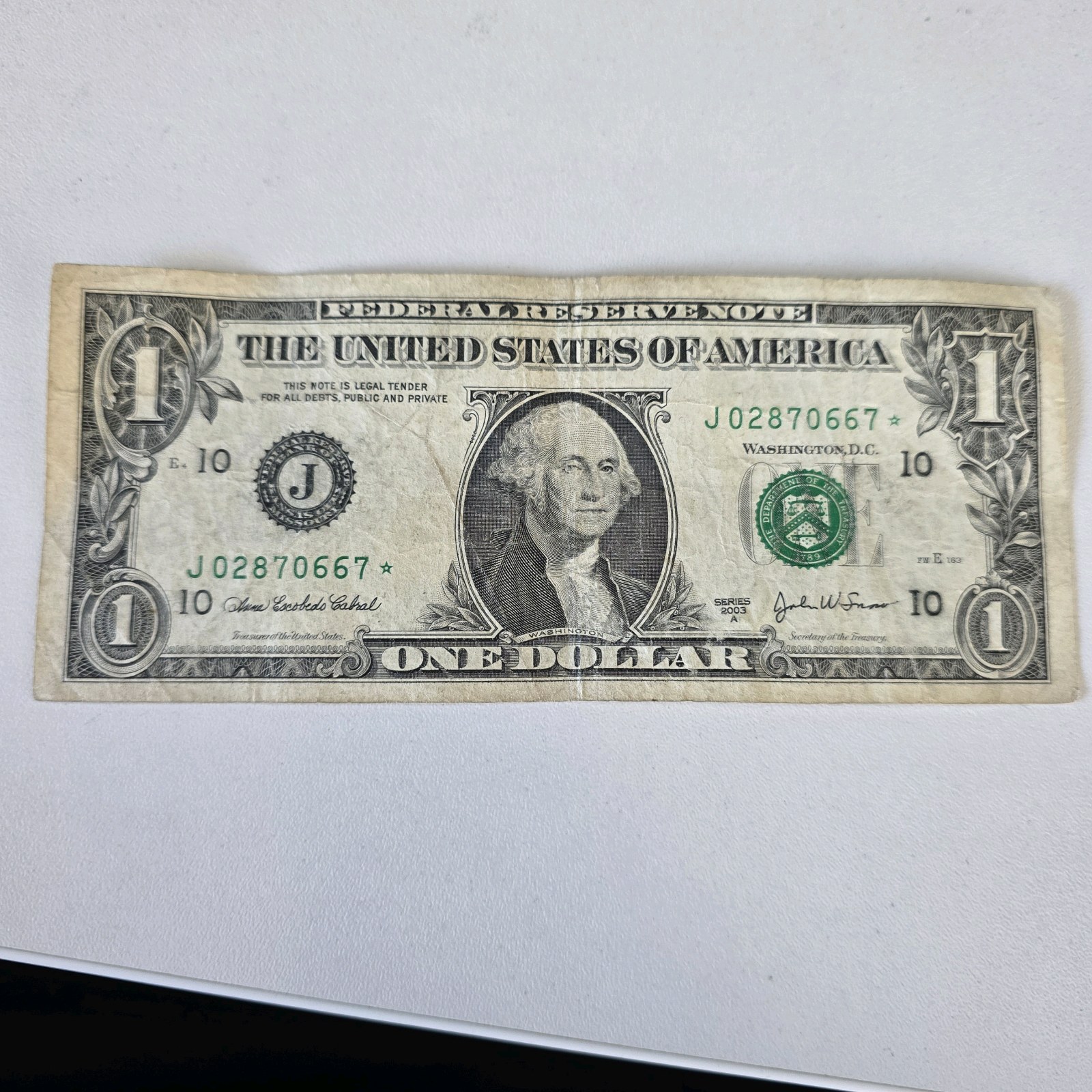 2003 $1 Federal Reserve Star Note  J02870667  Circulated Replacement Note