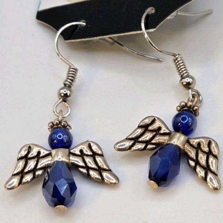 Handmade Angel Wing Blue Beaded Dangle Earrings  Local Minnesota Senior Artist  100% Proceeds Support Artist