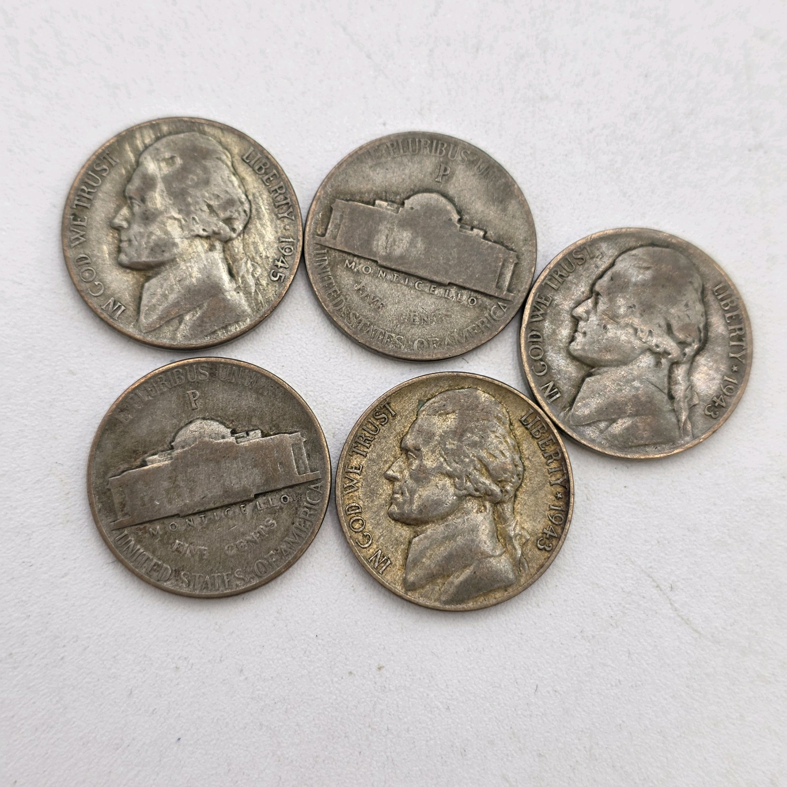 5 Silver War Nickels. Total coin weight 25 grams 1940s Jefferson Nickels  35% Silver WWII Era Coin Lot