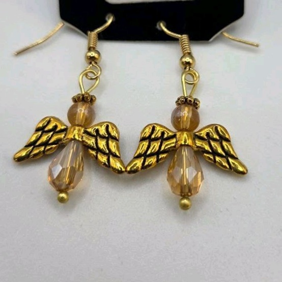 Handmade Gold-Tone Angel Dangle Earrings  Local Minnesota Senior Artist  100% Proceeds Support Artist