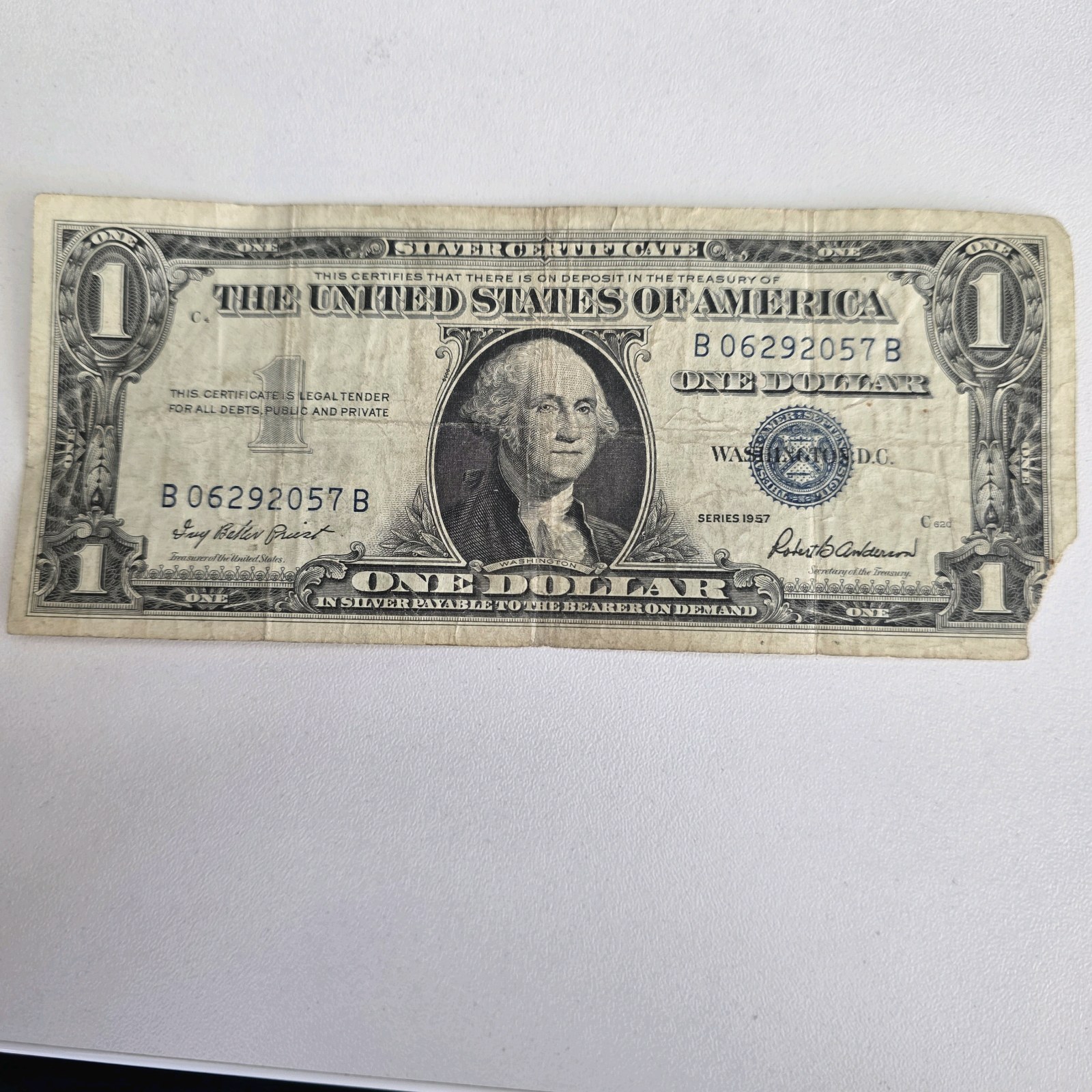 1957 $1 Silver Certificate Note  Blue Seal U.S. Currency  Vintage Collectible Dollar Bill