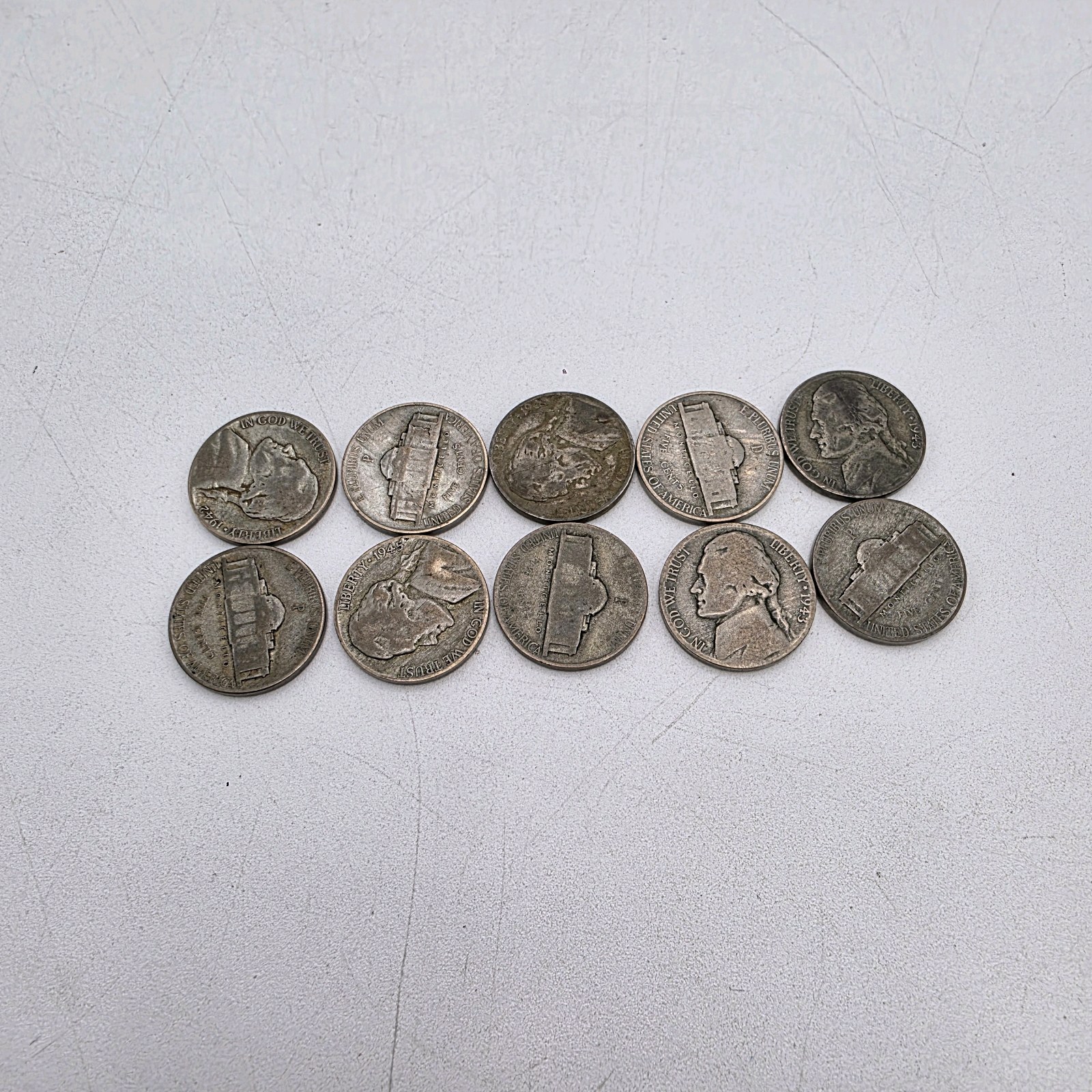10 WWII Jefferson War Nickels  35% Silver  Mixed 1943-1945 PDS Lot  Approx. 0.563 Troy Oz Silver