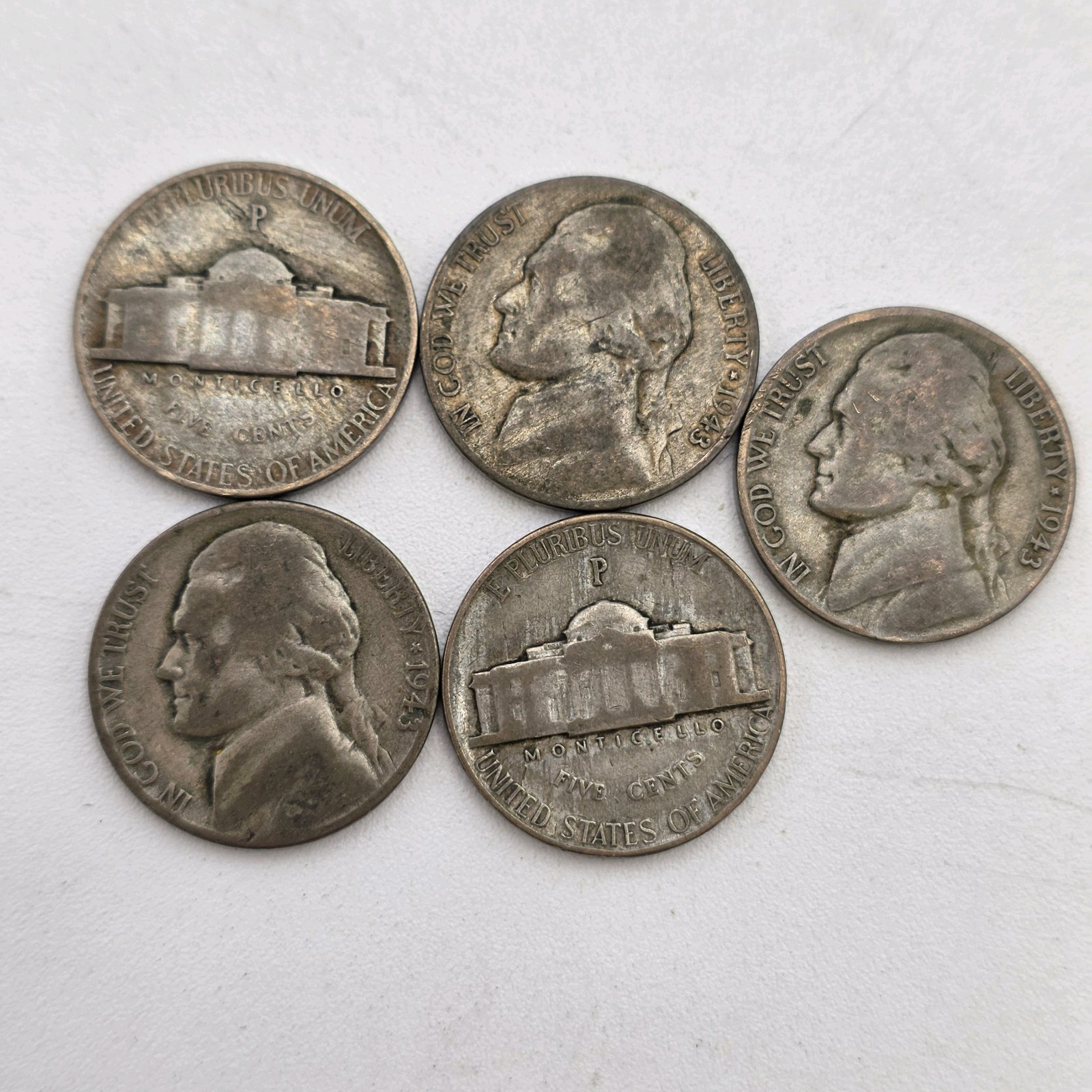 5 Silver War Nickels. Total coin weight 25 grams 1940s Jefferson Nickels  35% Silver WWII Era Coin Lot