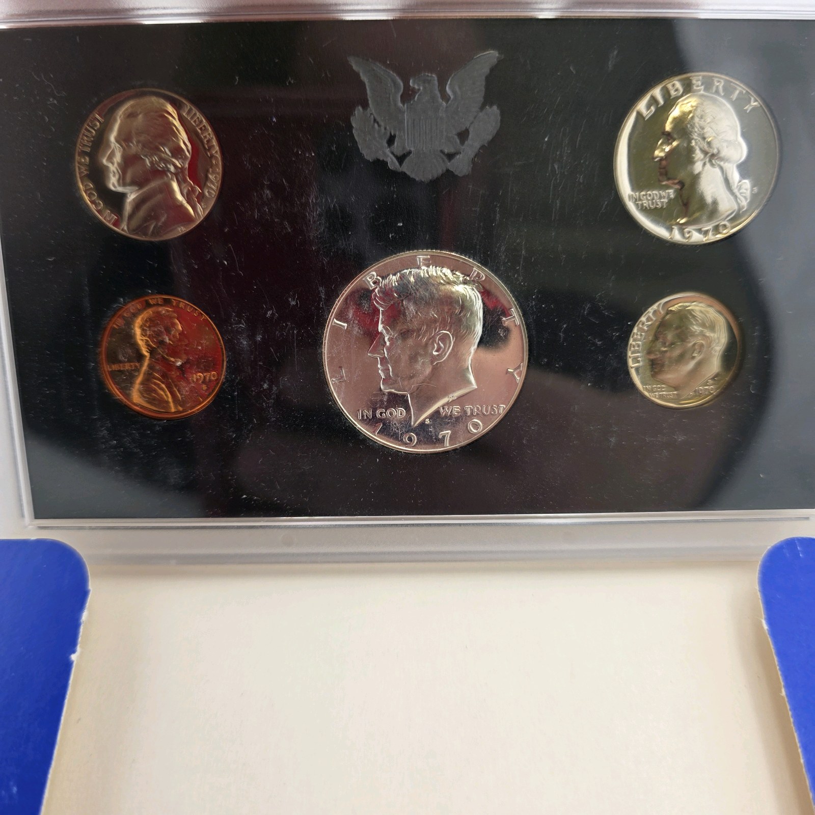 1970-S U.S. Mint Proof Set  5 Coin Set With 40% Silver Kennedy Half Dollar  Original Blue Holder