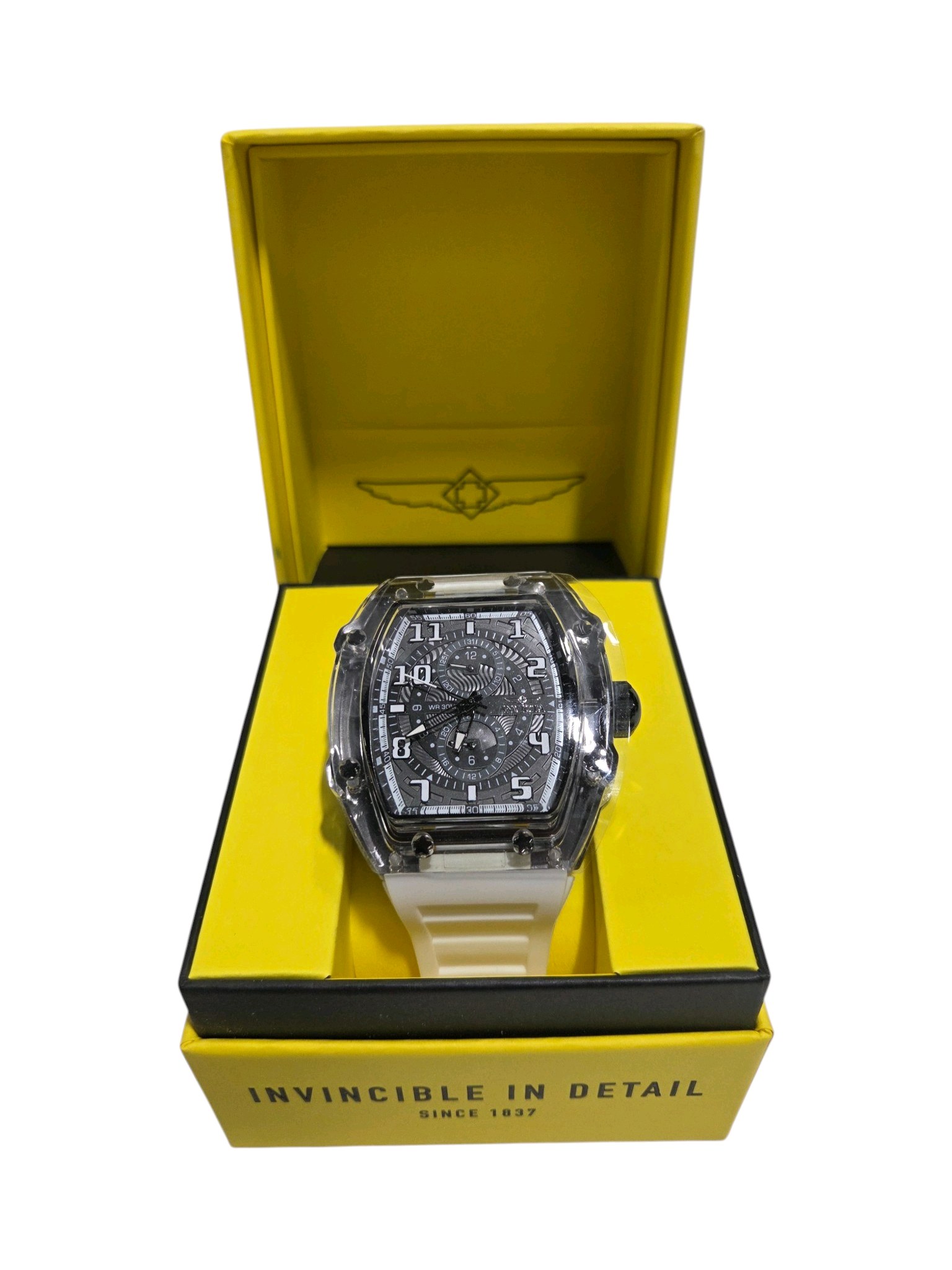Retail Price $299.99 Invicta Watch 48447  Clear Case White Strap  New In Box With Tags & Manual