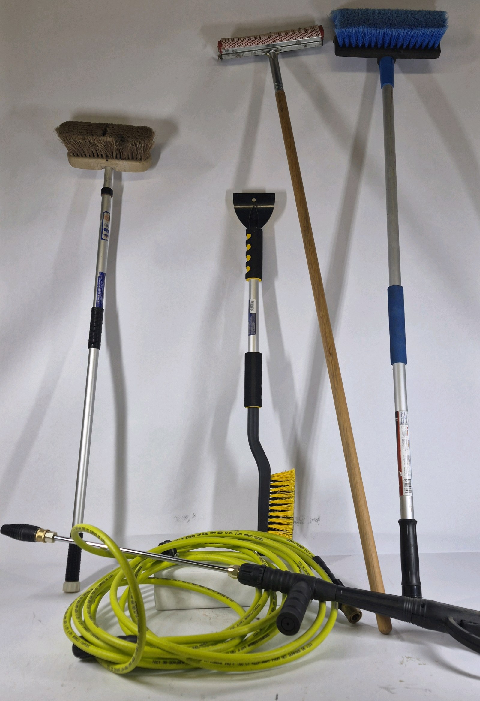 Lot of Car Washing Brushes, Squeegee, and Pressure Washer Hose