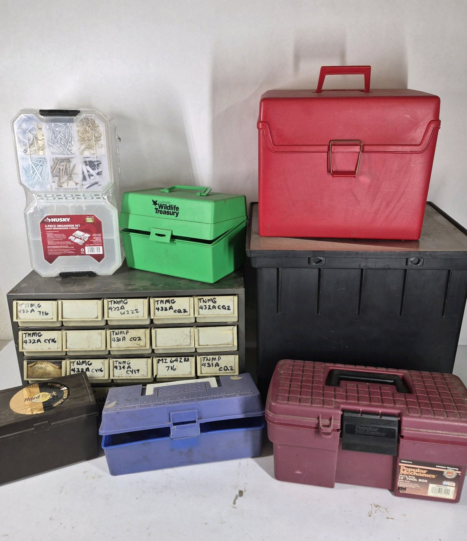 Lot of Assorted Tool Boxes, Hardware Organizer, and Storage Cases