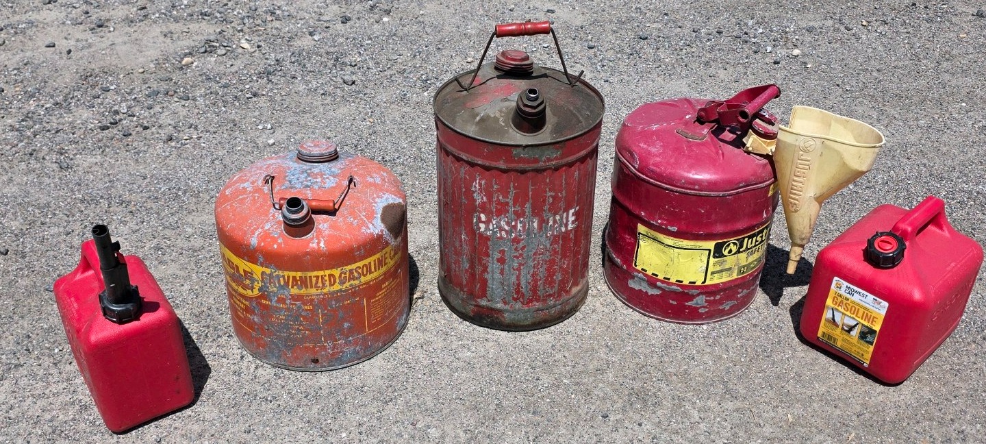 Lot of Assorted Gas Cans, Fuel Cans, and Funnel