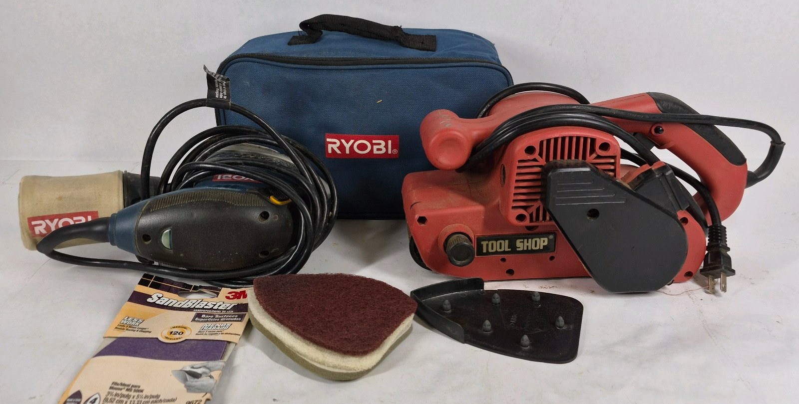 Lot of Ryobi and Tool Shop Electric Sanders with Carry Bag