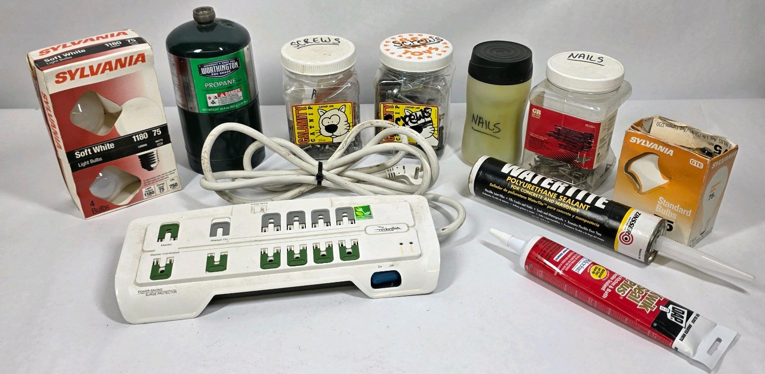 Assorted Household Hardware Electrical Supplies and Caulk Lot