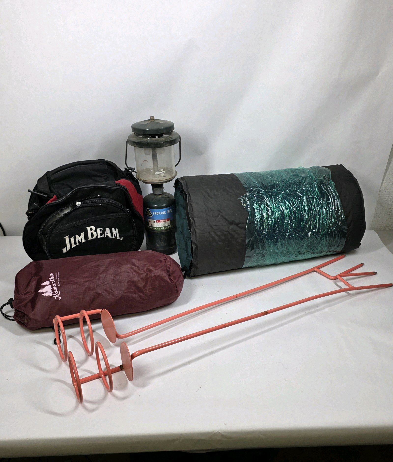 Assorted Camping Gear Lot with Propane Lantern Folding Table and Cookware