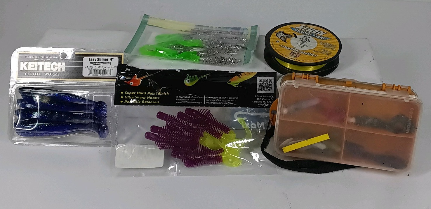 Lot of Fishing Lures, Soft Baits, Line, and Tackle Box