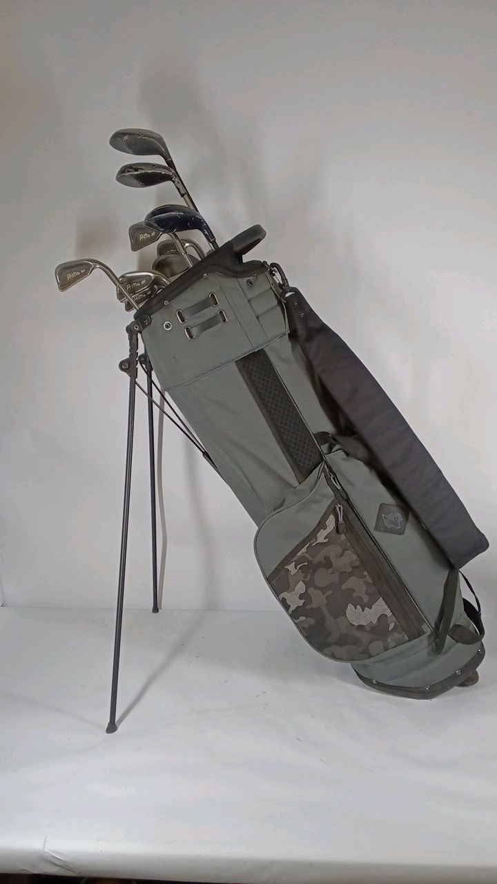 Gray Stand Golf Bag with Ping Irons and Mixed Clubs