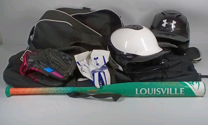Lot of Louisville Quest Softball Bat, Gloves, Helmets, and Gear Bag