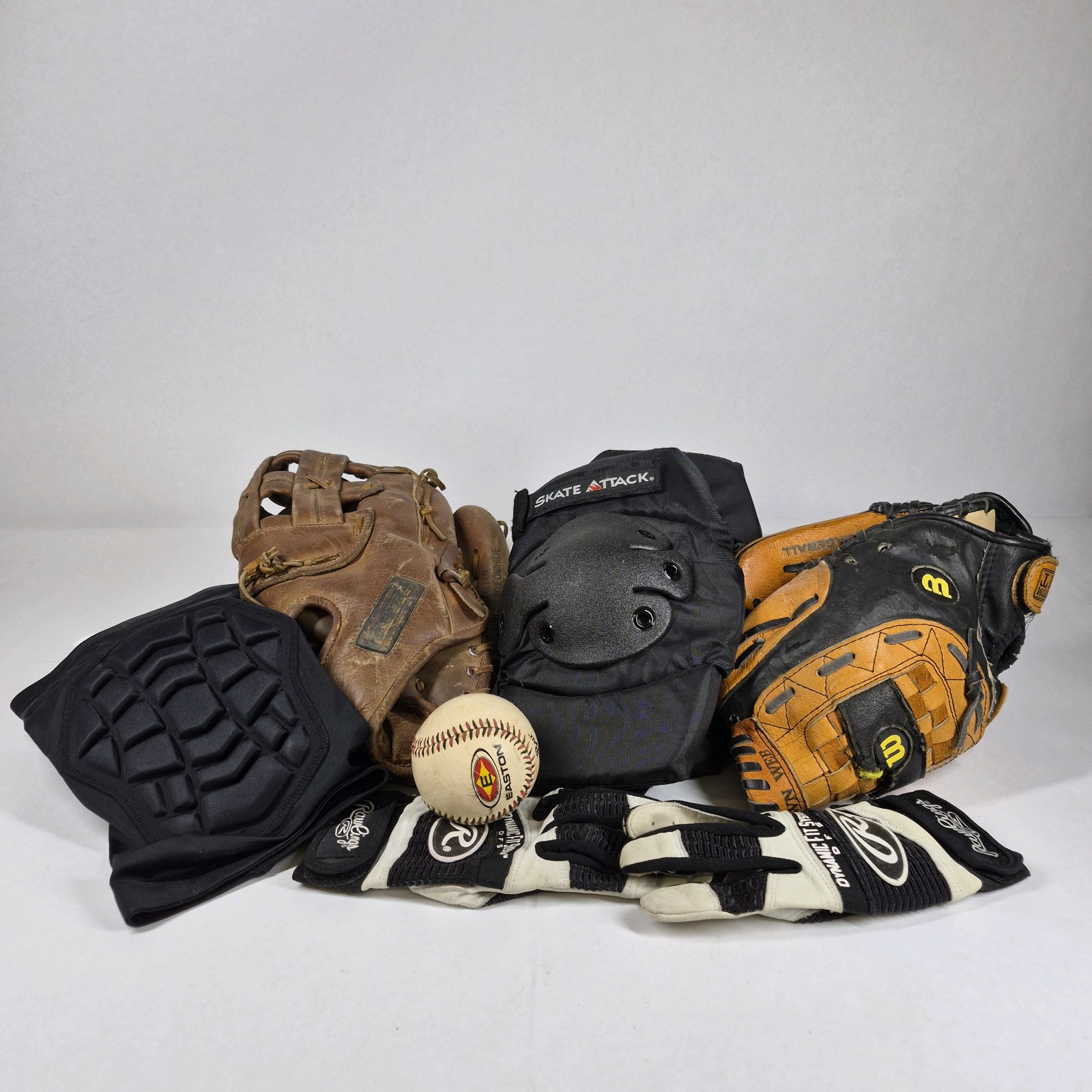 Lot of Baseball Gloves, Batting Gloves, Ball, and Protective Gear