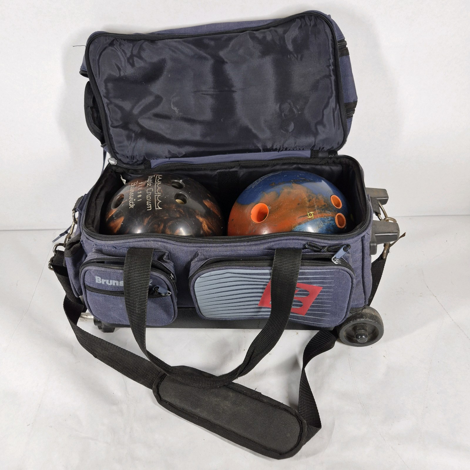 Lot of 2 Bowling Balls with Rolling Bowling Bag