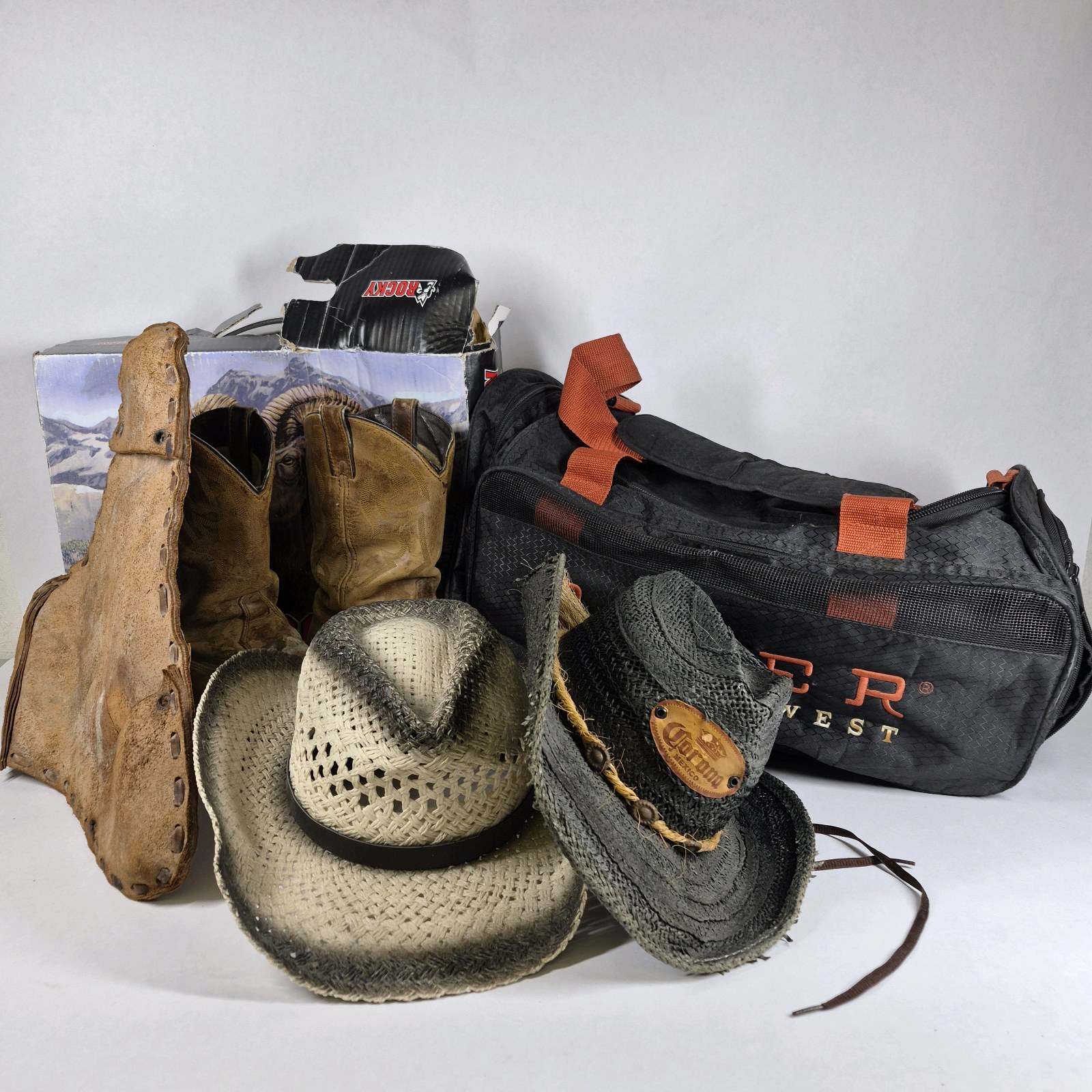 Lot of Rocky Western Boots, Roper Bag, Cowboy Hats, and Western Accessories