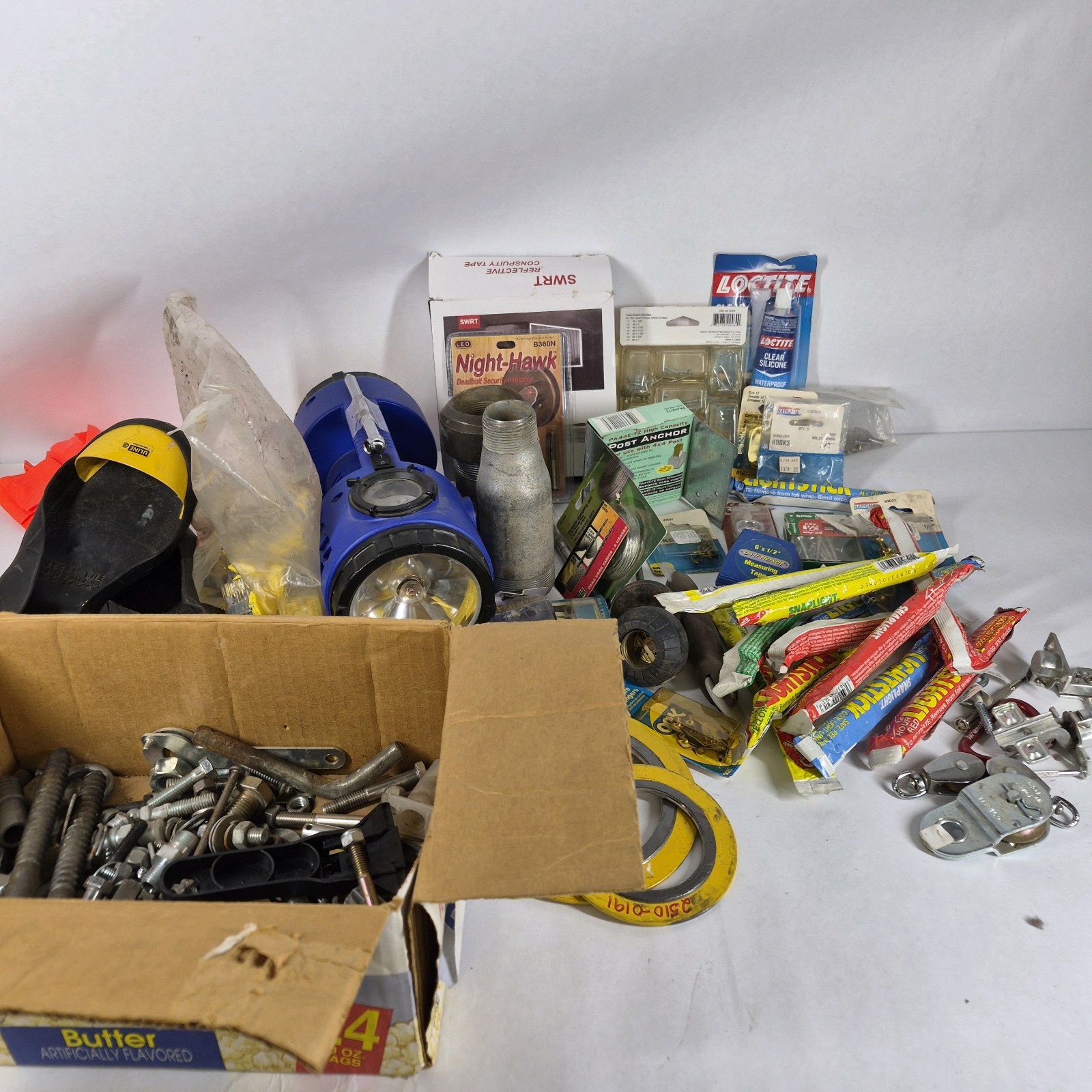 Lot of Assorted Hardware, Adhesives, Fasteners, Flashlights, and Shop Supplies