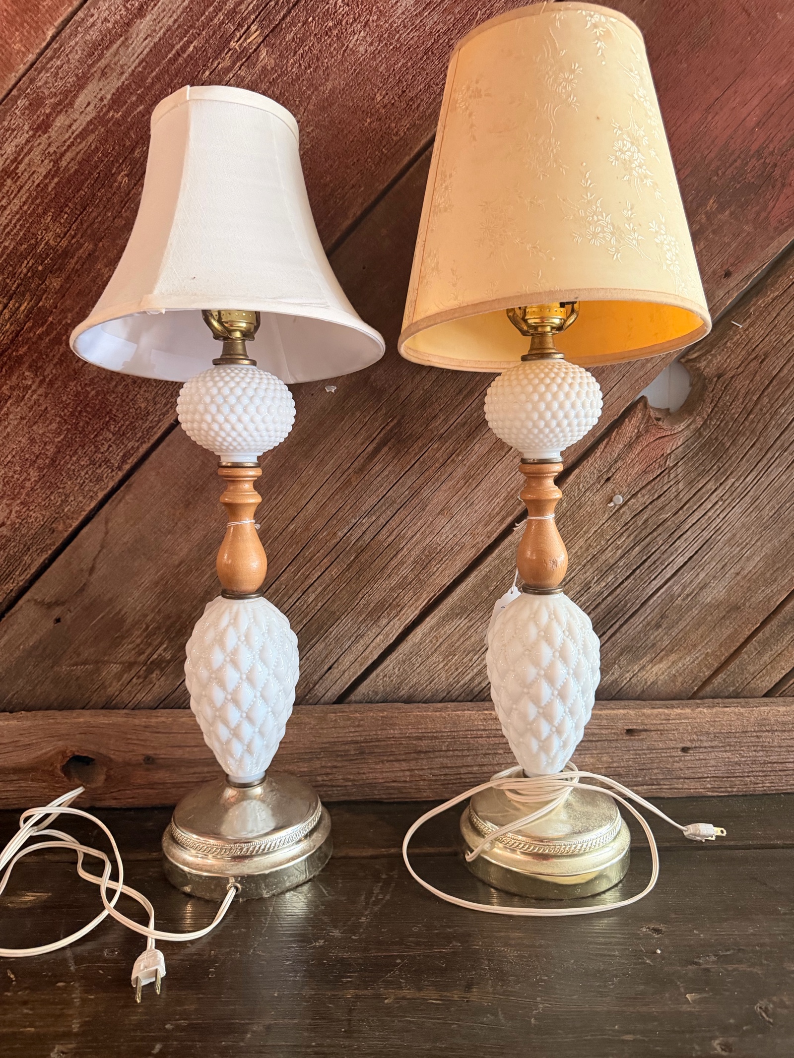 Vintage Quilted Diamond Milk Glass Lamps with shades, likely manufactured around the 1950s