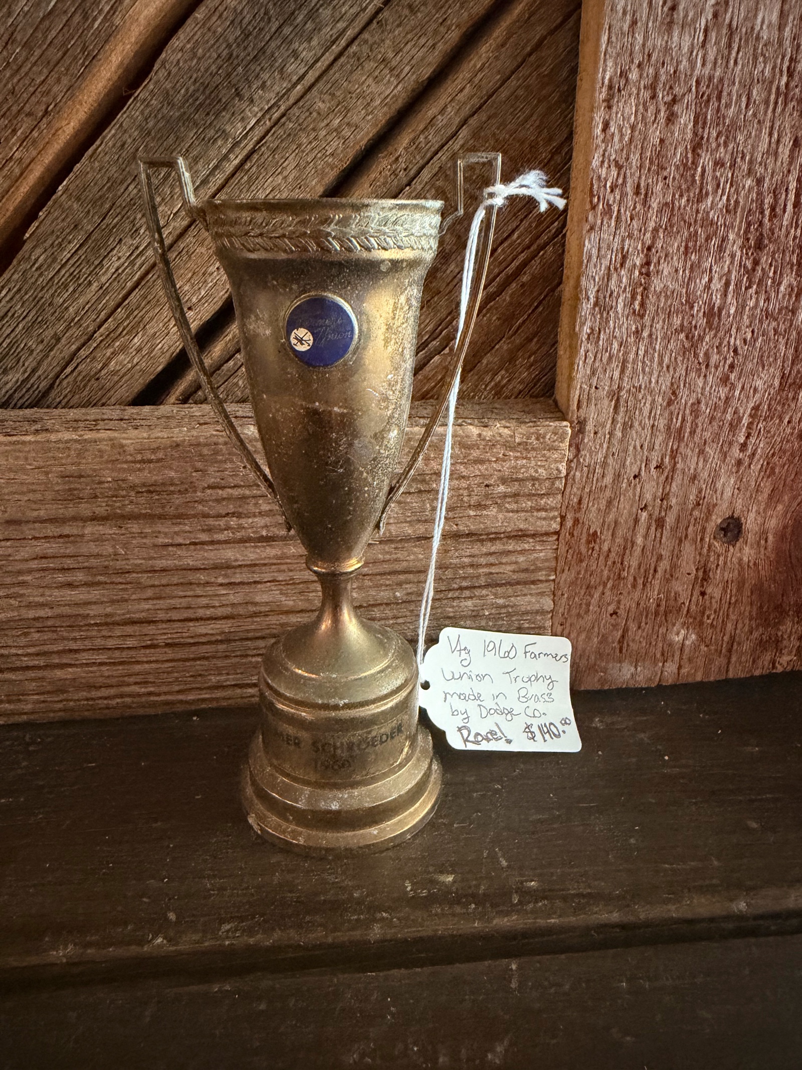 vintage 1960 Farmers Union brass trophy cup manufactured by Dodge Inc
