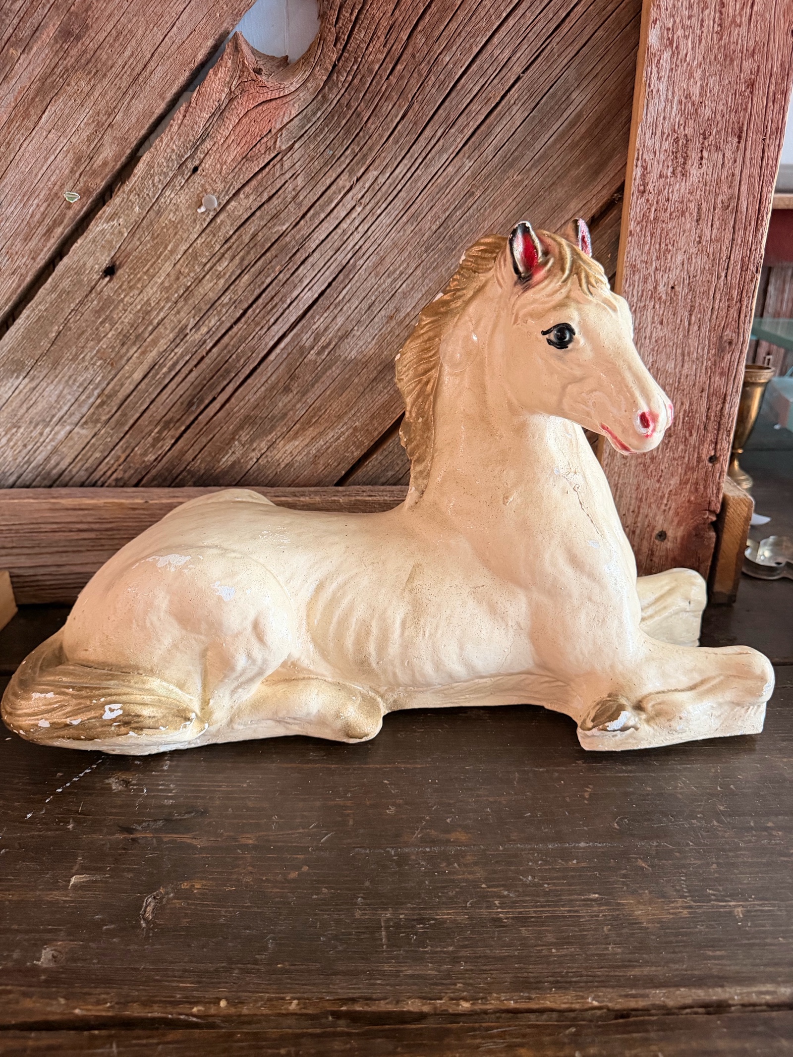 Chalkware  Plaster Reclining Horse Figurine.