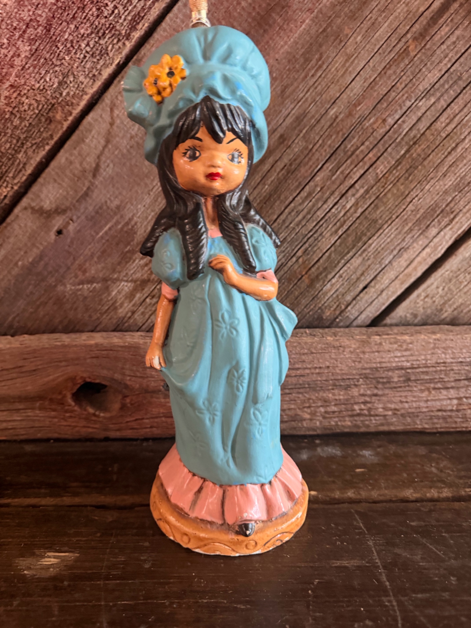 Big-Eyed Girl Chalkware Figurine w Blue Dress & Bonnet