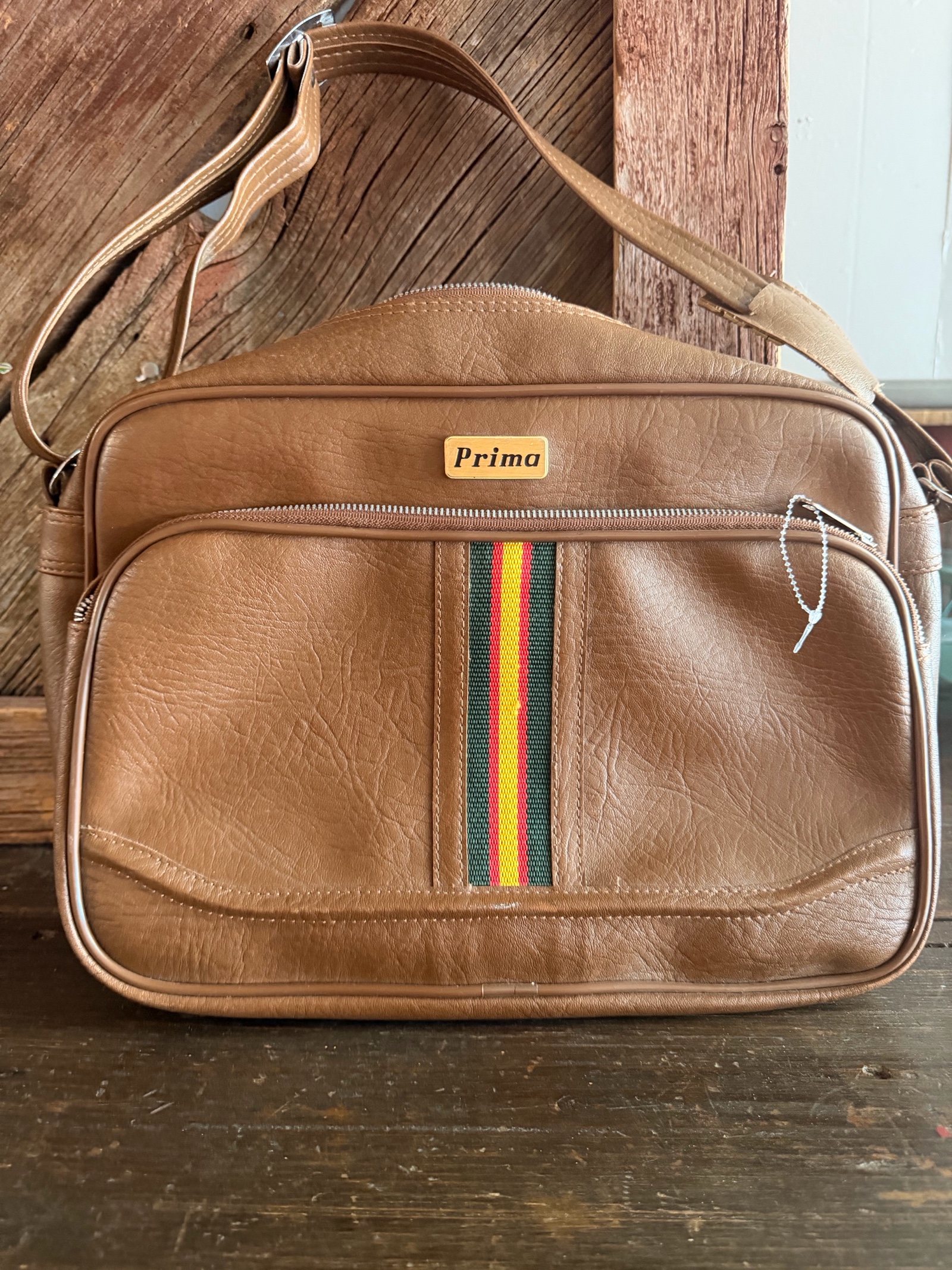 Vintage Prima Brown Faux Leather Travel Carry-On Shoulder Bag Retro Stripe Accent
